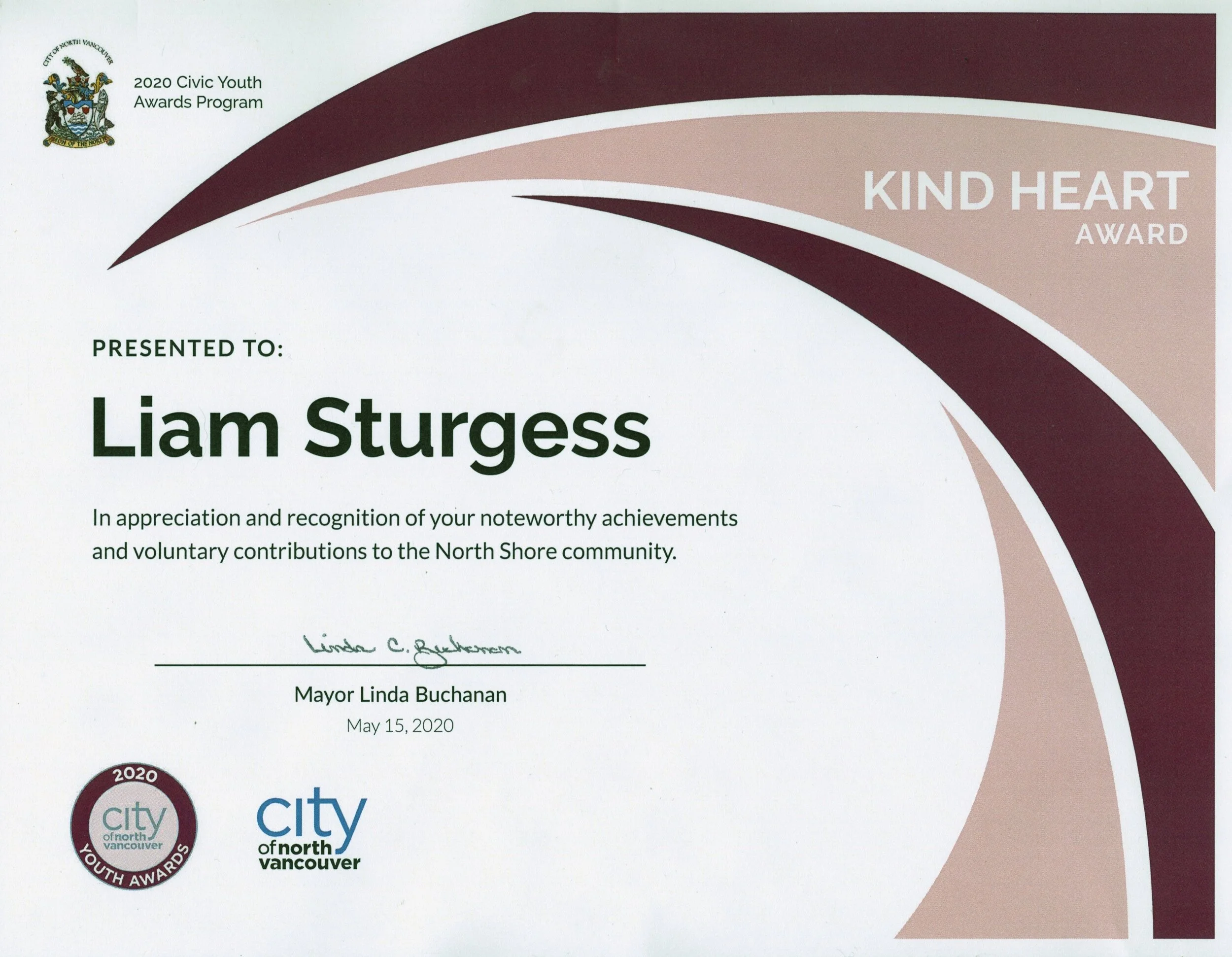 Liam Sturgess Wins "Kind Heart Award" at 2020 Civic Youth Awards