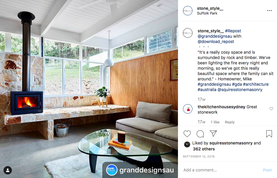 Finishing our top 5 most-liked Instagram posts of 2019 is this repost from Grand Designs featuring a bright and cosy space perfect for family time using Santorini stone which does a perfect job in complimenting the tones of the timber and concrete.