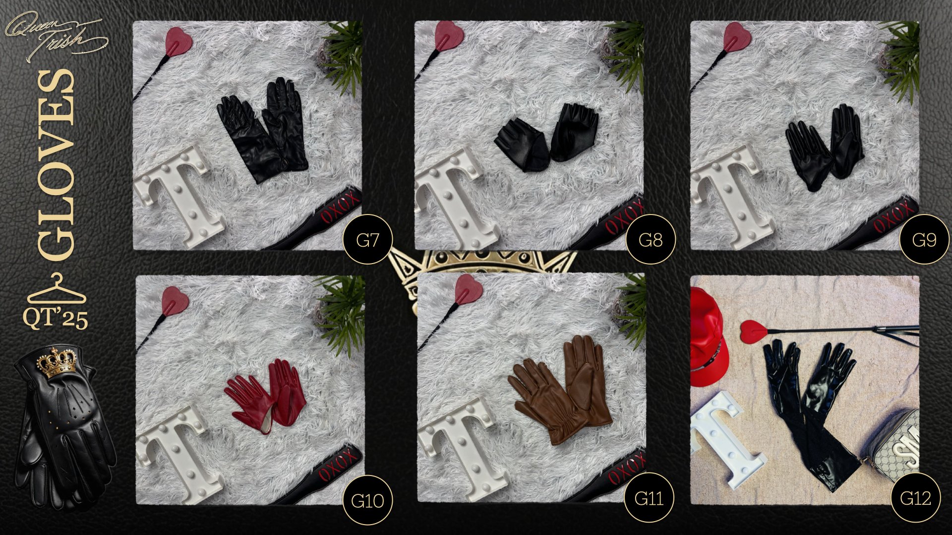Six different pairs of gloves in black, red, and brown are arranged on white and beige textured surfaces, each accompanied by a white letter 'E' or 'I' and a red heart-shaped dart, along with green foliage accents.