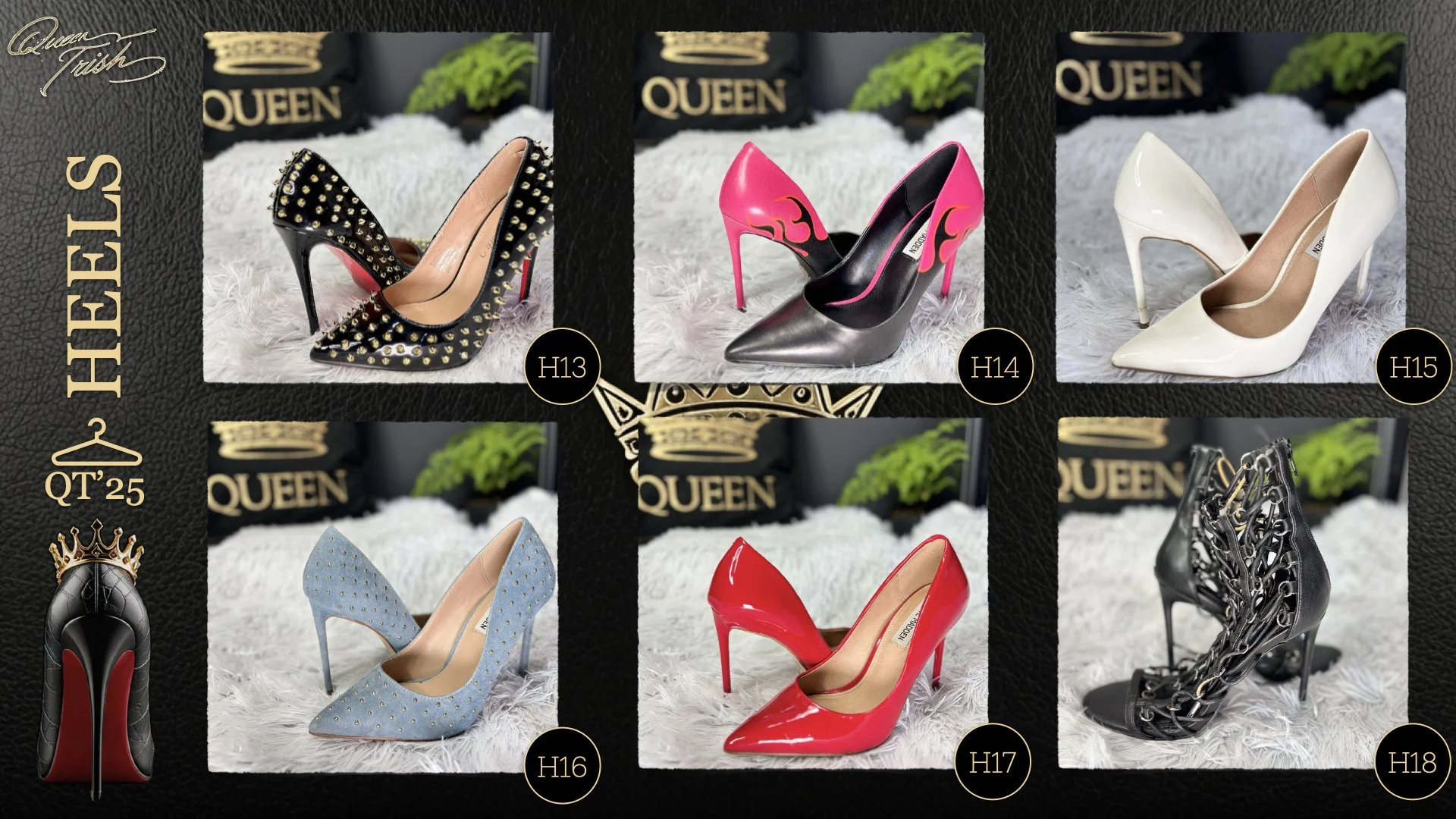 Collage of six high-heeled shoes, each with a unique design and color, displayed on a white textured surface. The styles include black with gold studs, black with pink flames, cream, light blue with small gold studs, shiny red, and black with intrica