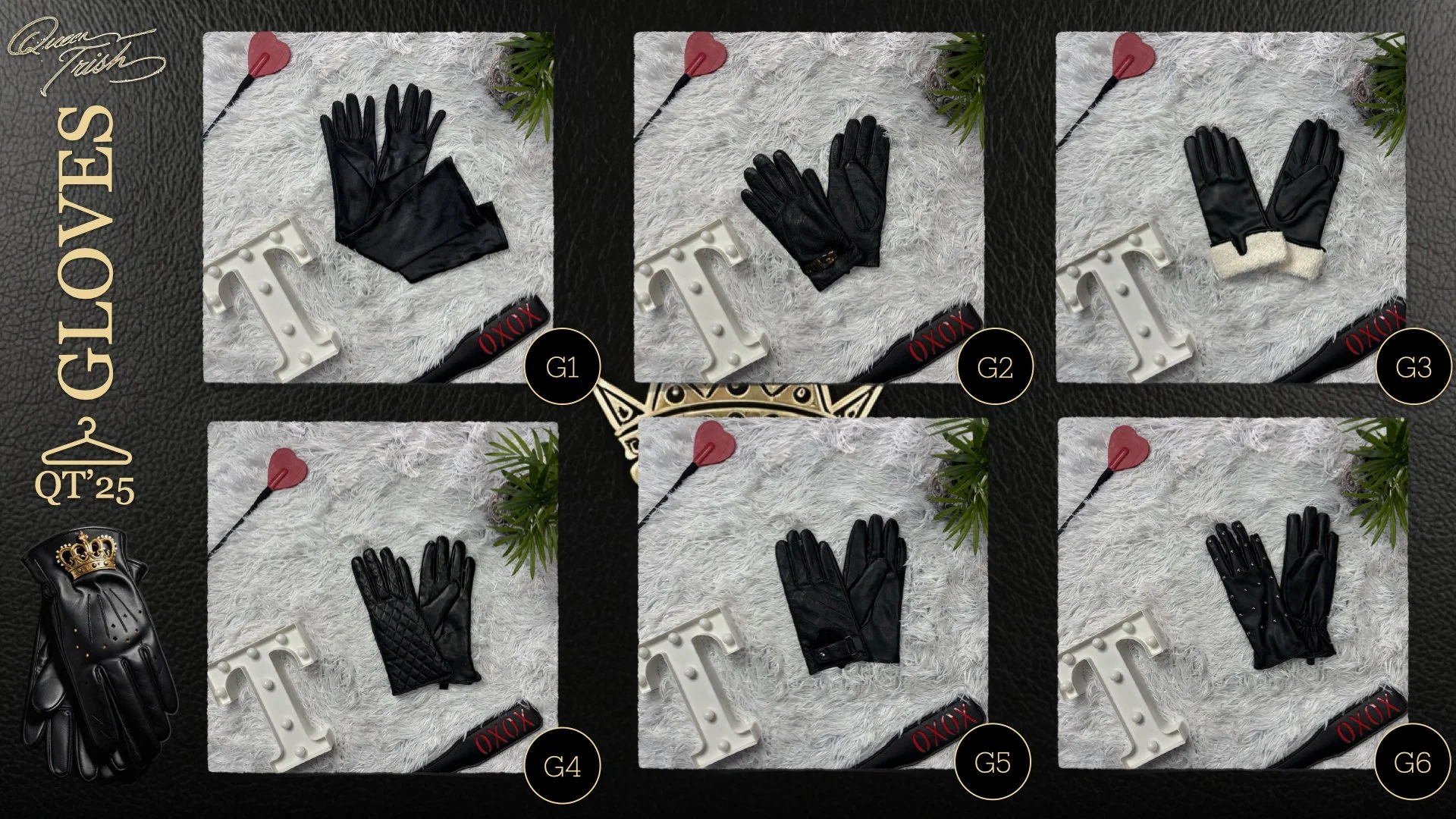 Six pairs of black gloves, each with a different design, displayed on a white fluffy surface. A small red heart-shaped dart, a white letter 'E', and a black strap with red text are near the gloves in each section. The image features decorative elemen