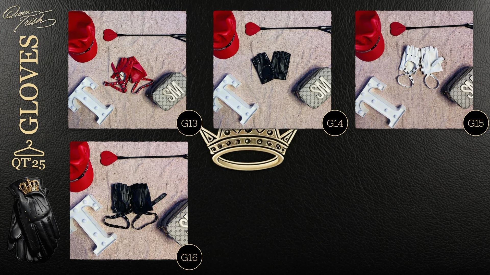 Arrangement of four different handbags, white letter 'L' decor, a red hat, gloves, and a small checkerboard pouch on a pink surface, with a large crown image in the center and labels G13 to G16.