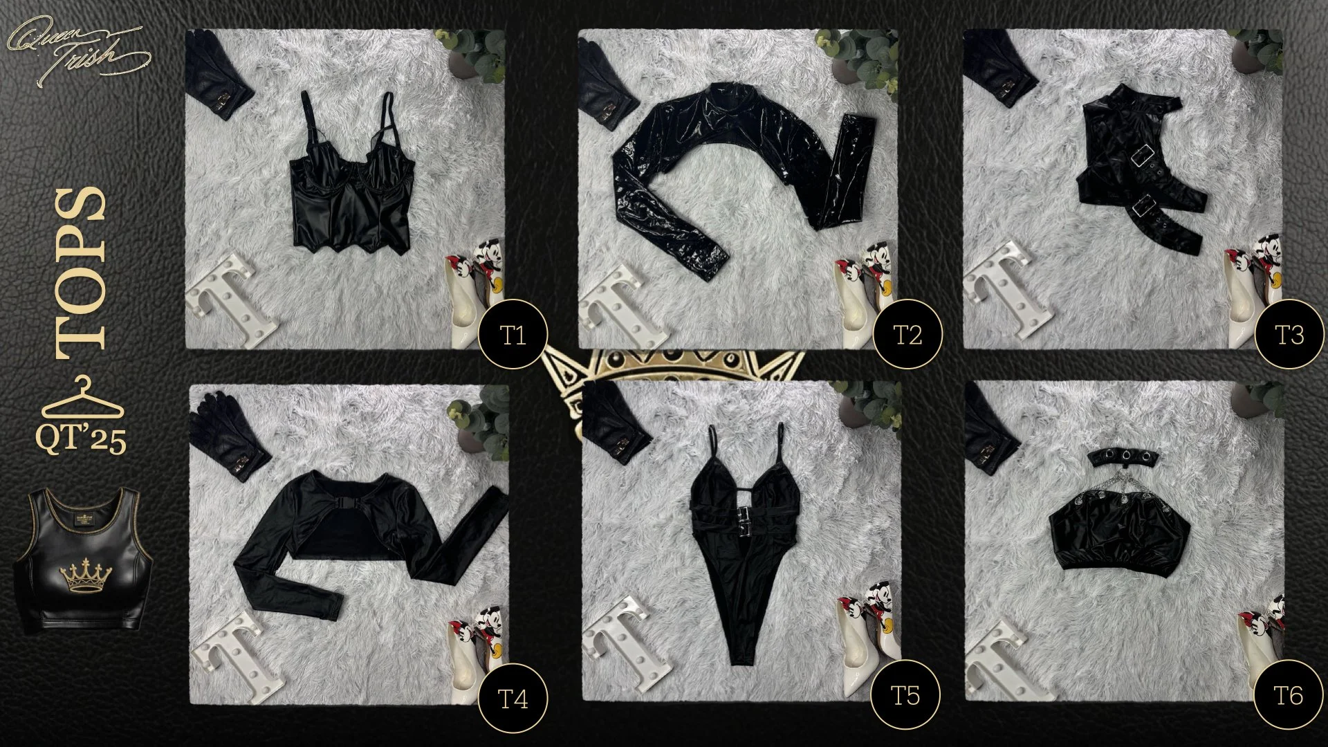 Collage of six black fashion outfits laid out on a white furry surface, labeled T1 to T6. Each outfit includes items like tops, jackets, or accessories, paired with small decorated figurines and a white decorative letter 'I'.