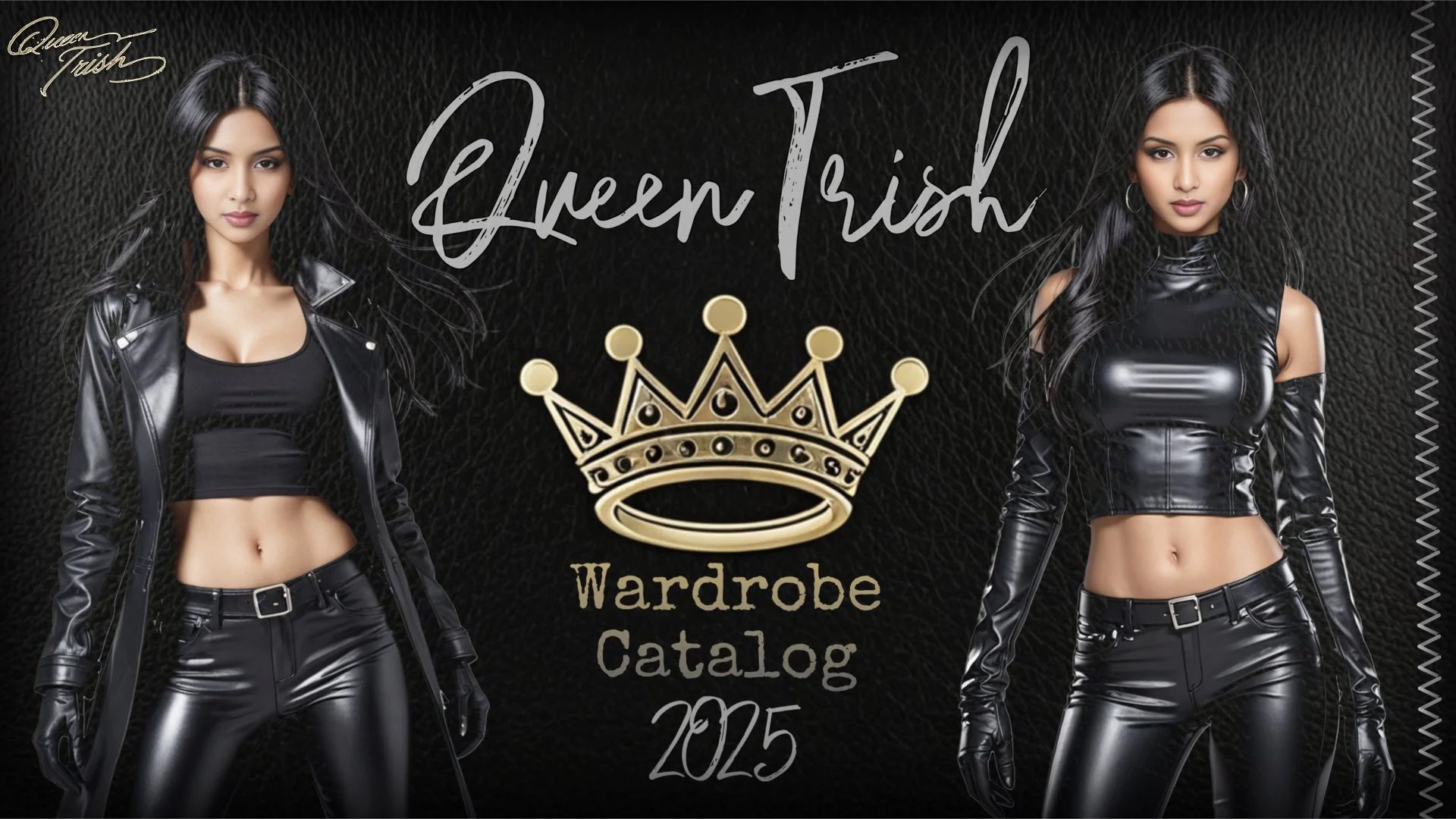 Two women wearing black leather outfits with a black textured background, promotional text for Queen Trish wardrobe catalog 2025, featuring a gold crown graphic and handwritten-style and typewritten fonts.
