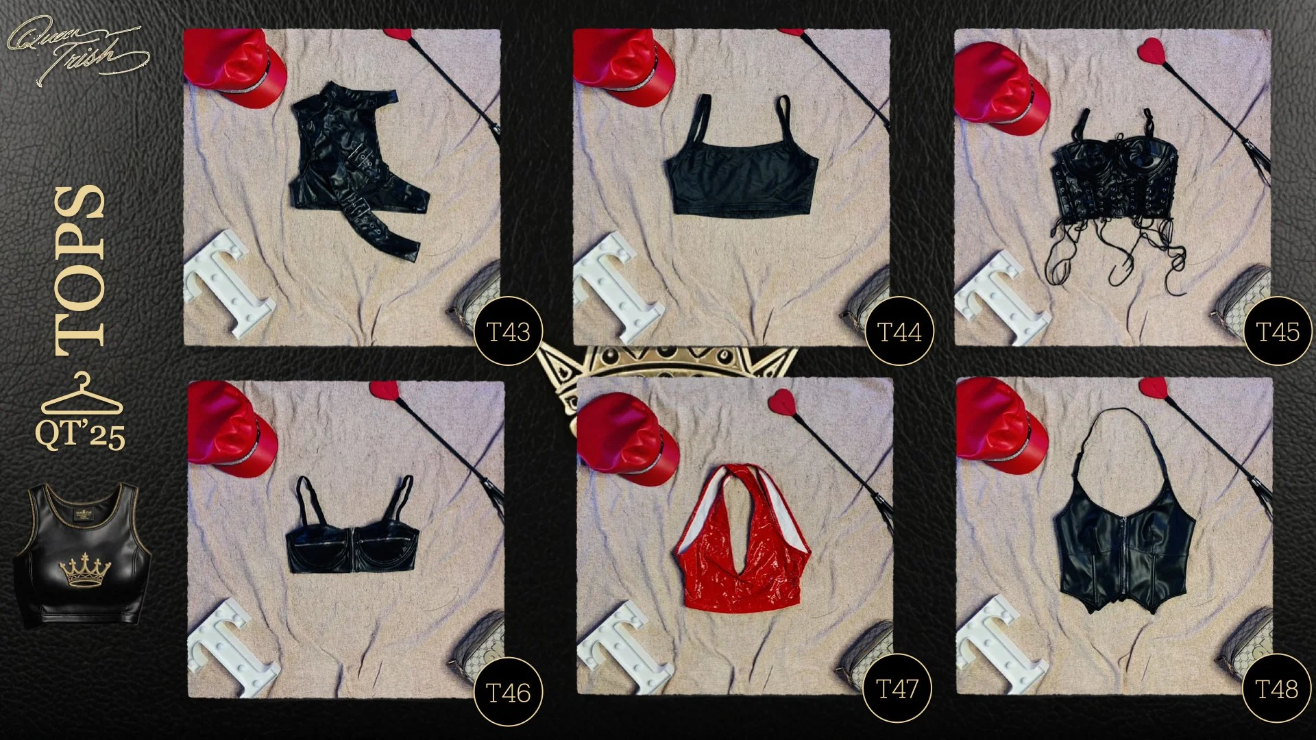 Six different leather tops arranged on a pink textured surface, with small red hats, white plastic hangers, a black leash with a red heart on the end, and decorative objects around them.