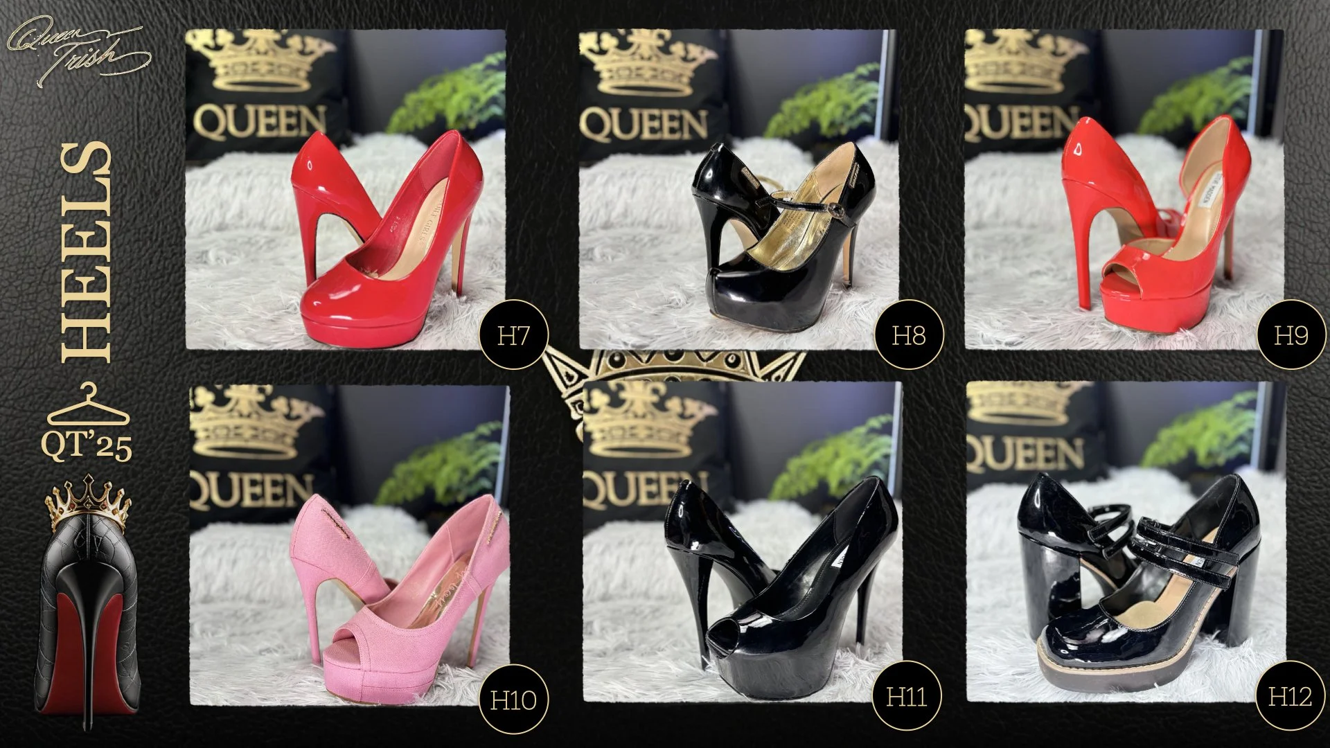 A collection of six high-heeled shoes in different colors and styles displayed on a furry surface. The shoes include a red pair (H9), a black pair (H8), a pink pair (H10), and another black pair with a slightly different design (H11). The shoes are p