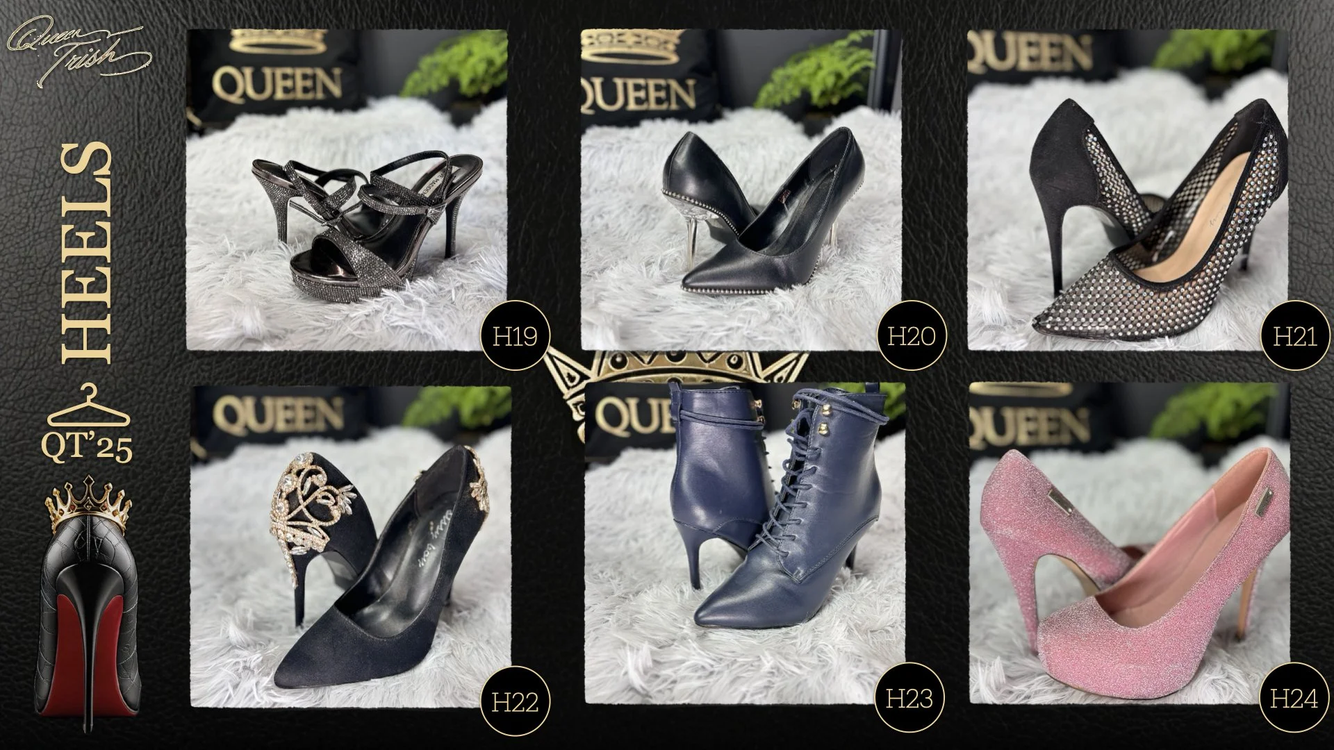Collection of six different women's shoes on a white furry surface, including black high-heeled sandals with sparkly straps, black pointed-toe stilettos with rhinestone accents, black mesh stiletto heels with rhinestones, navy high-heeled shoes with 
