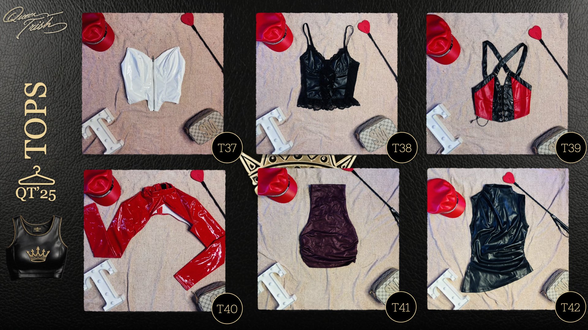 Six outfits laid out on a pink surface, each with a small red bucket, a white 'LOVE' sign, and a small beige bag. The top row features a white top, black lace top, and red and black corset-style top. The bottom row features a red PVC jacket, purple r