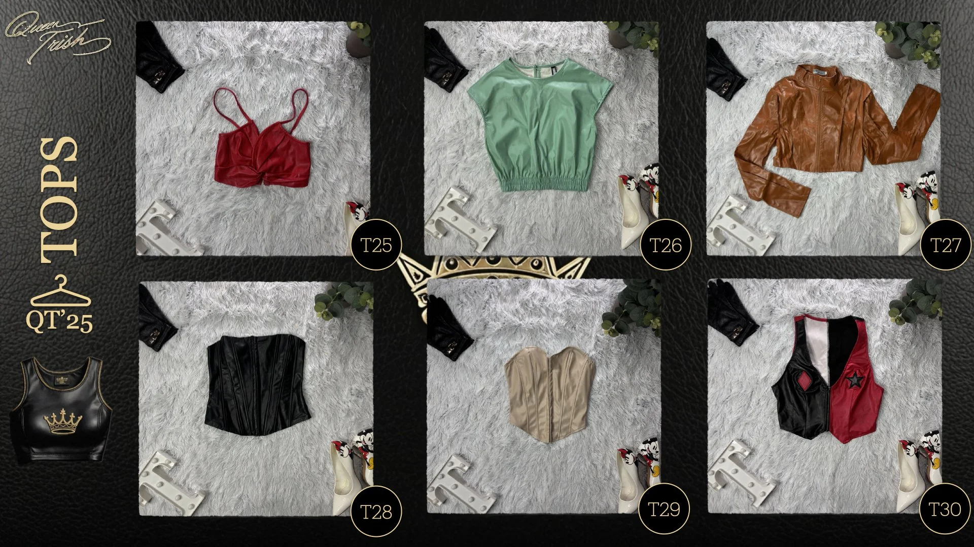 Collection of five leather crop tops in different colors: red, green, brown, black, and beige, each paired with accessories like dolls and shoes, displayed on a white furry surface with decorative leaves.
