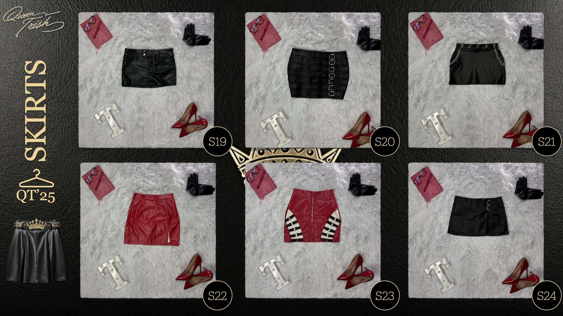 Six outfits laid out on a shaggy white rug, each with a black or red skirt, a pair of red high heels, a pink or black top, a black glove, and a pair of glasses, labeled from S19 to S24.
