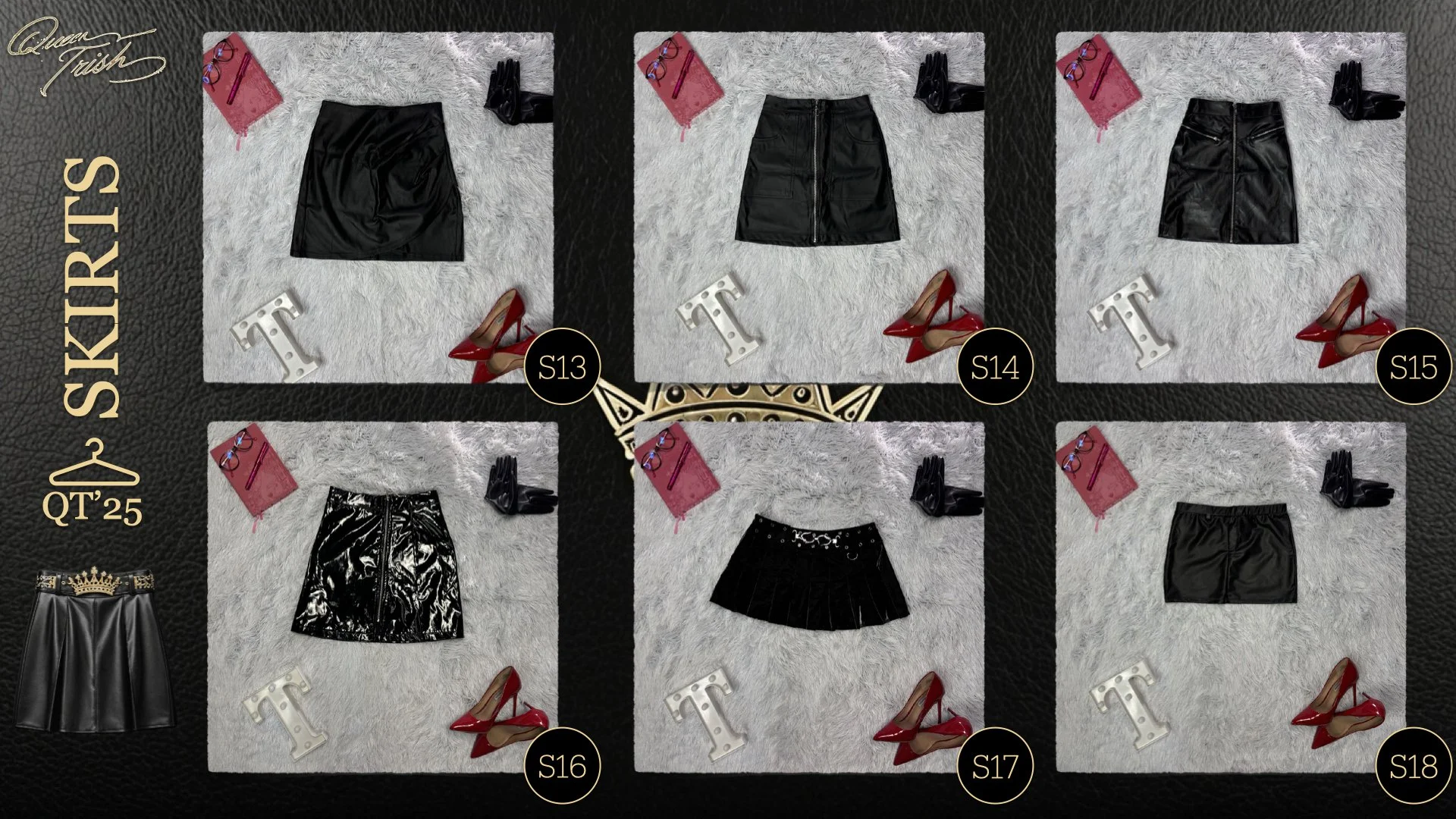Six different black skirts displayed on a white rug, each paired with red high heels, a pink notebook, black gloves, and letter T decor. The skirts vary in style, including leather, zippered, and pleated designs. Labels S13 to S18 indicate separate s