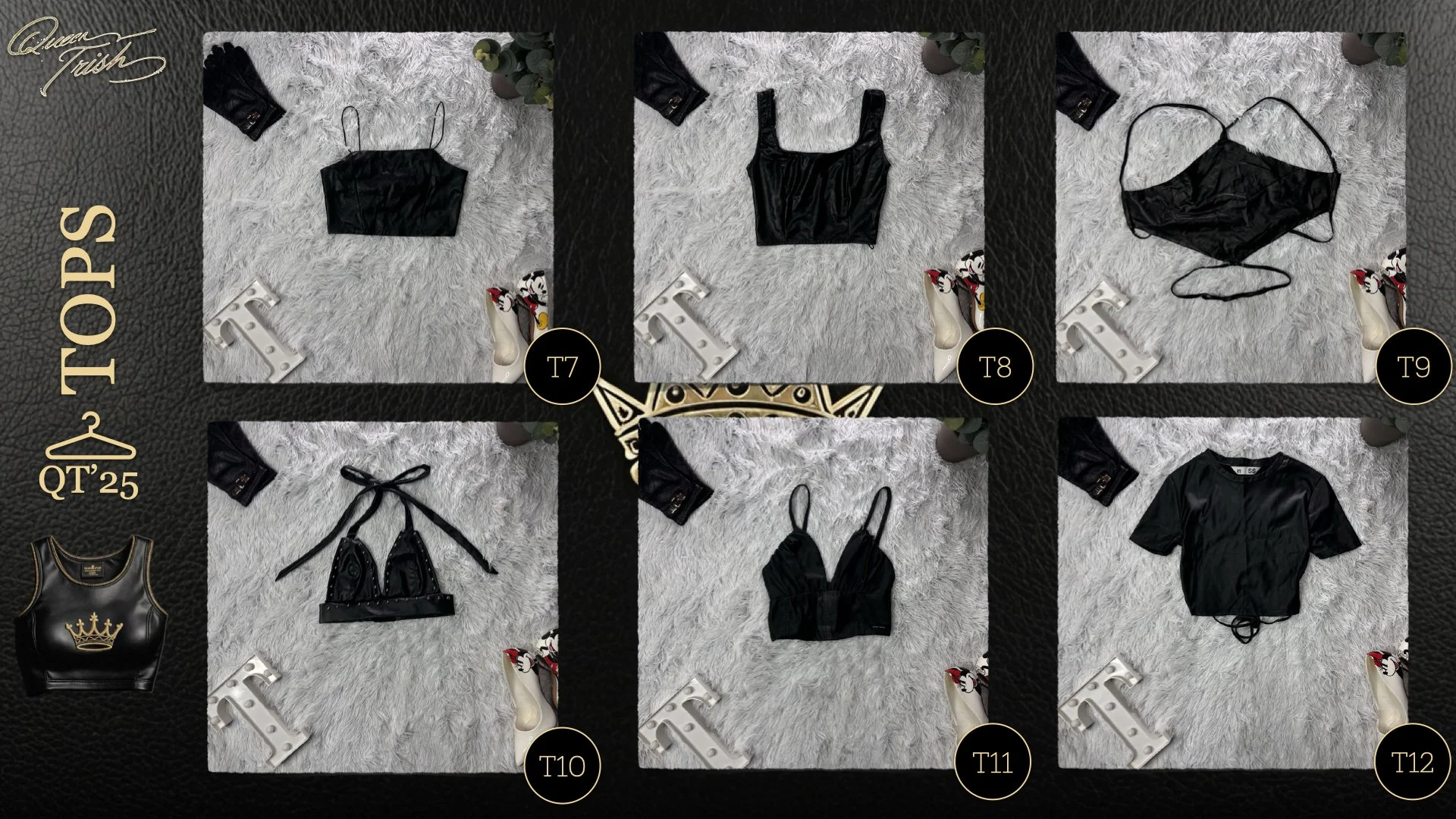 Six black clothing items laid out on a white furry surface: crop top, tank top, face mask, bra, crop top with strappy back, cropped shirt. Small accessories include a black purse, white letter 'L', and a pair of beige shoes with red and black accents