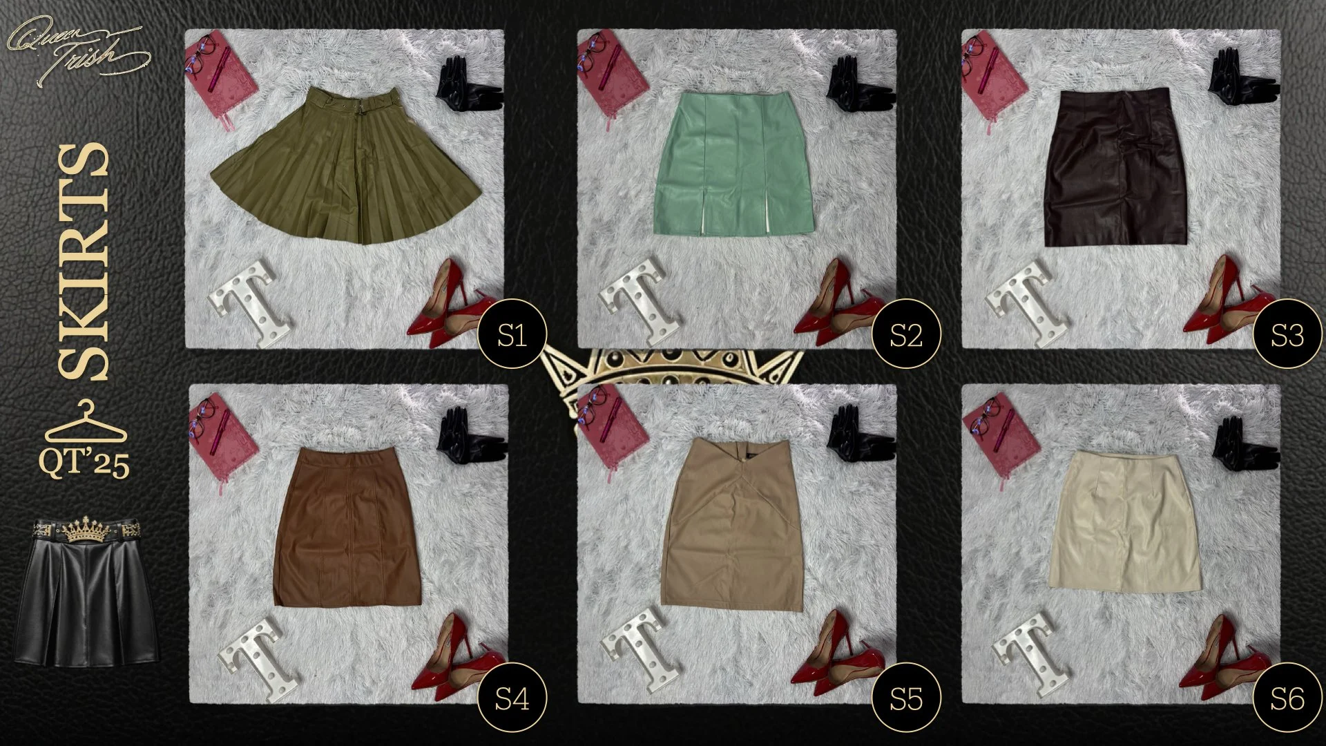Six different skirts displayed on a gray fluffy surface, each with accessories including a pair of red heels, a pair of black gloves, red lipstick, and a glass of pink beverage. The skirts include a khaki pleated skirt, a mint green skirt, a dark bro