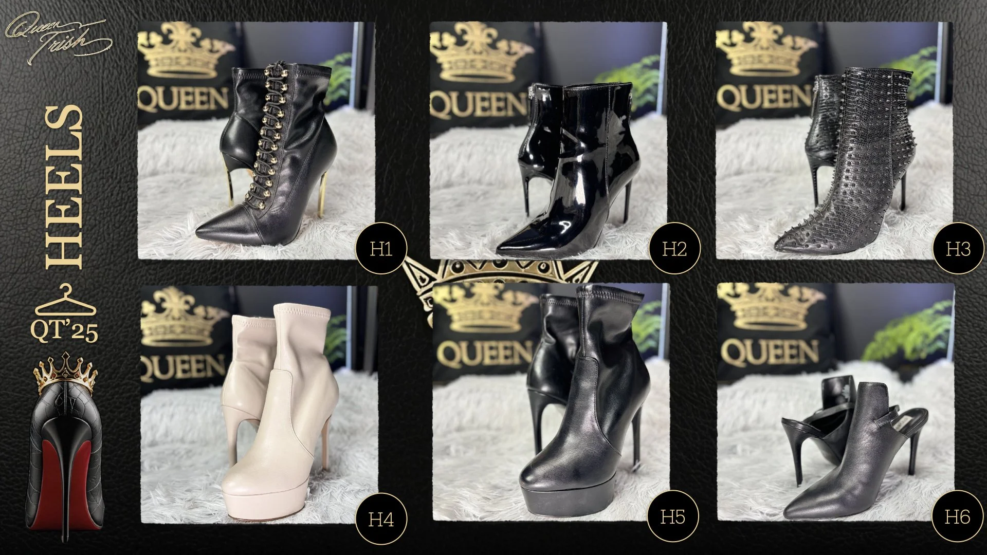 Display of six different high-heeled shoes on a white furry surface. Top row from left to right: black leather bootie with gold stiletto heel (H1), shiny black patent leather ankle boot with stiletto heel (H2), grey ankle boot covered in textured pat
