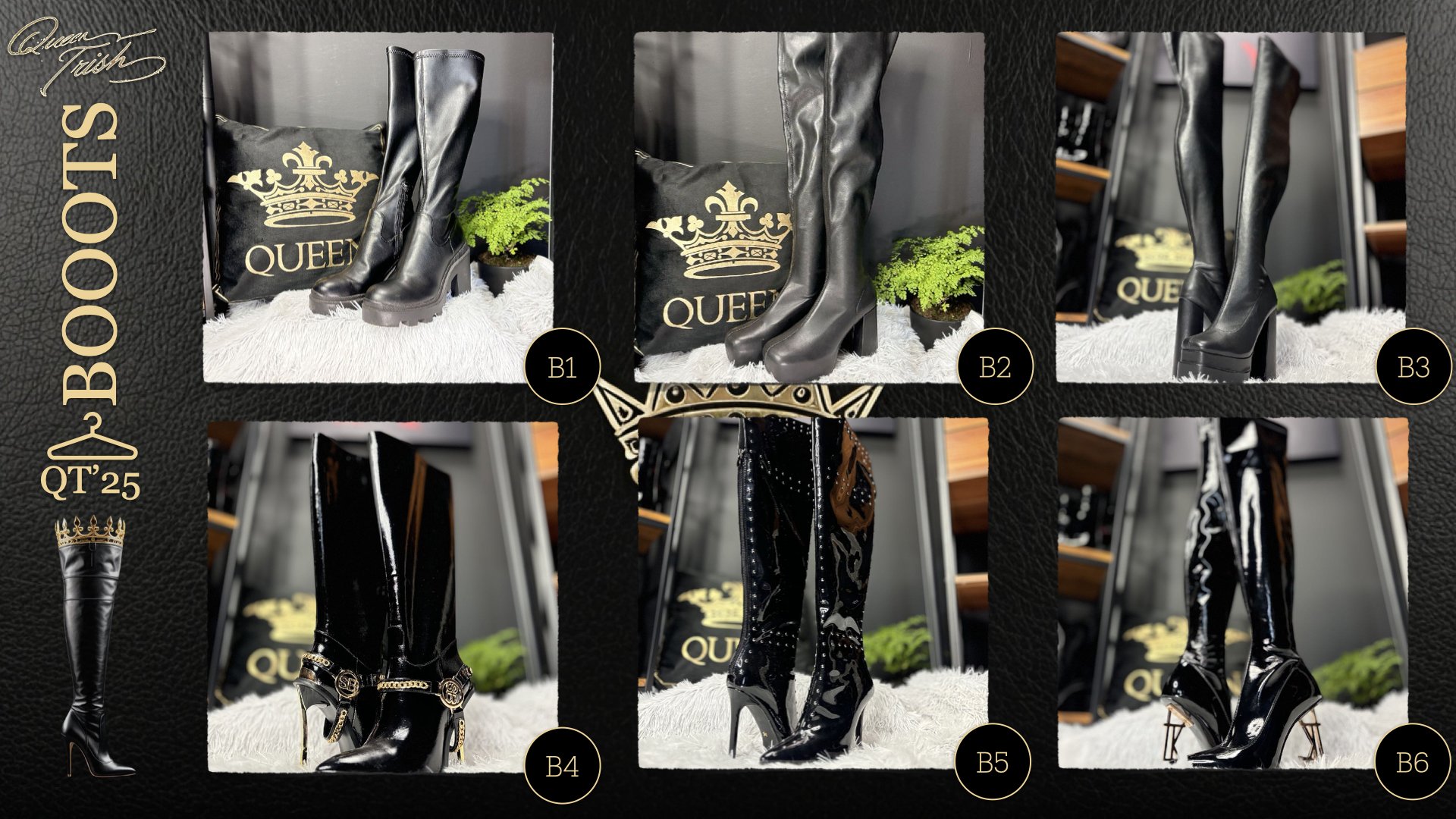 A digital collage of six black high-heeled boots with various designs, labeled B1 through B6, arranged on a white fluffy surface with a black Queen pillow and green plants in the background. The collage is set against a black textured background with