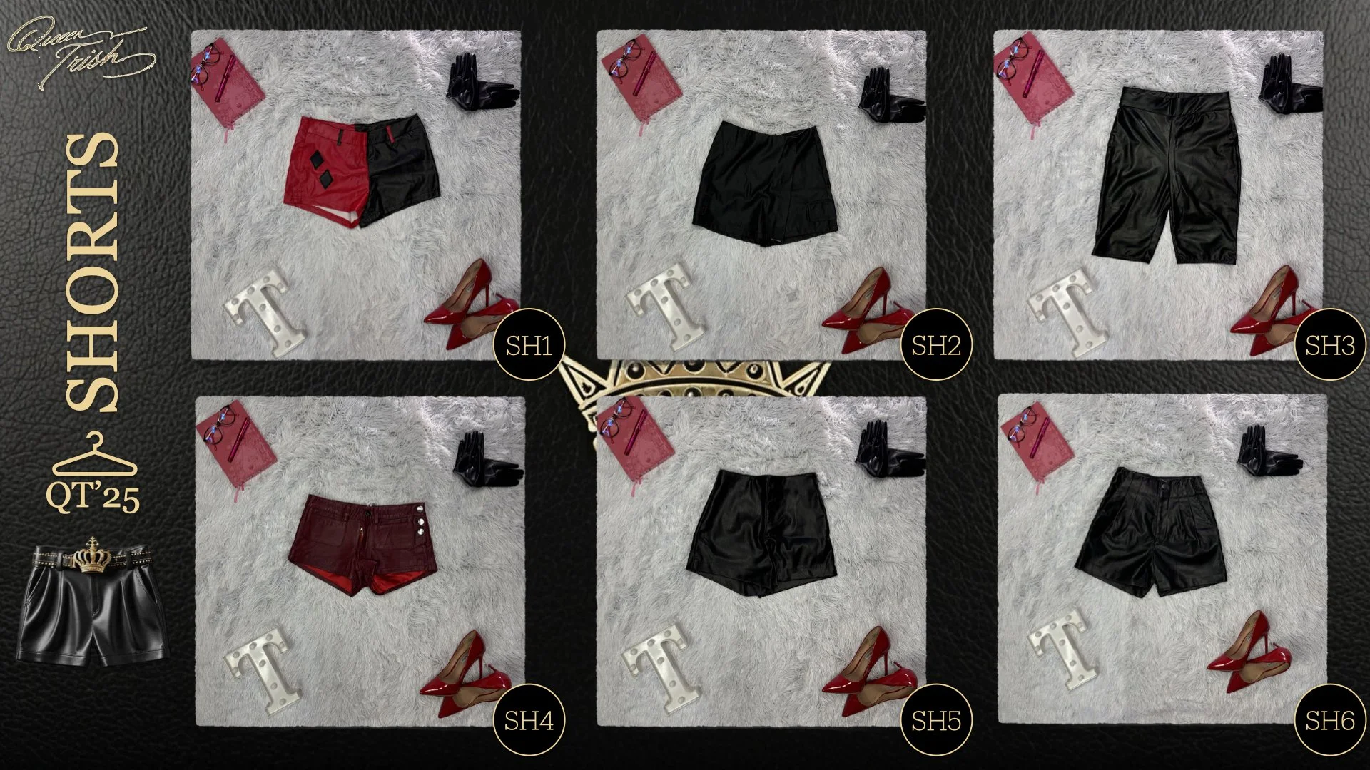 Fashion flat lay featuring pairs of shorts in red and black, and black leather shorts, with red high heels, black gloves, a pink clutch, and jewelry, organized in a grid pattern.
