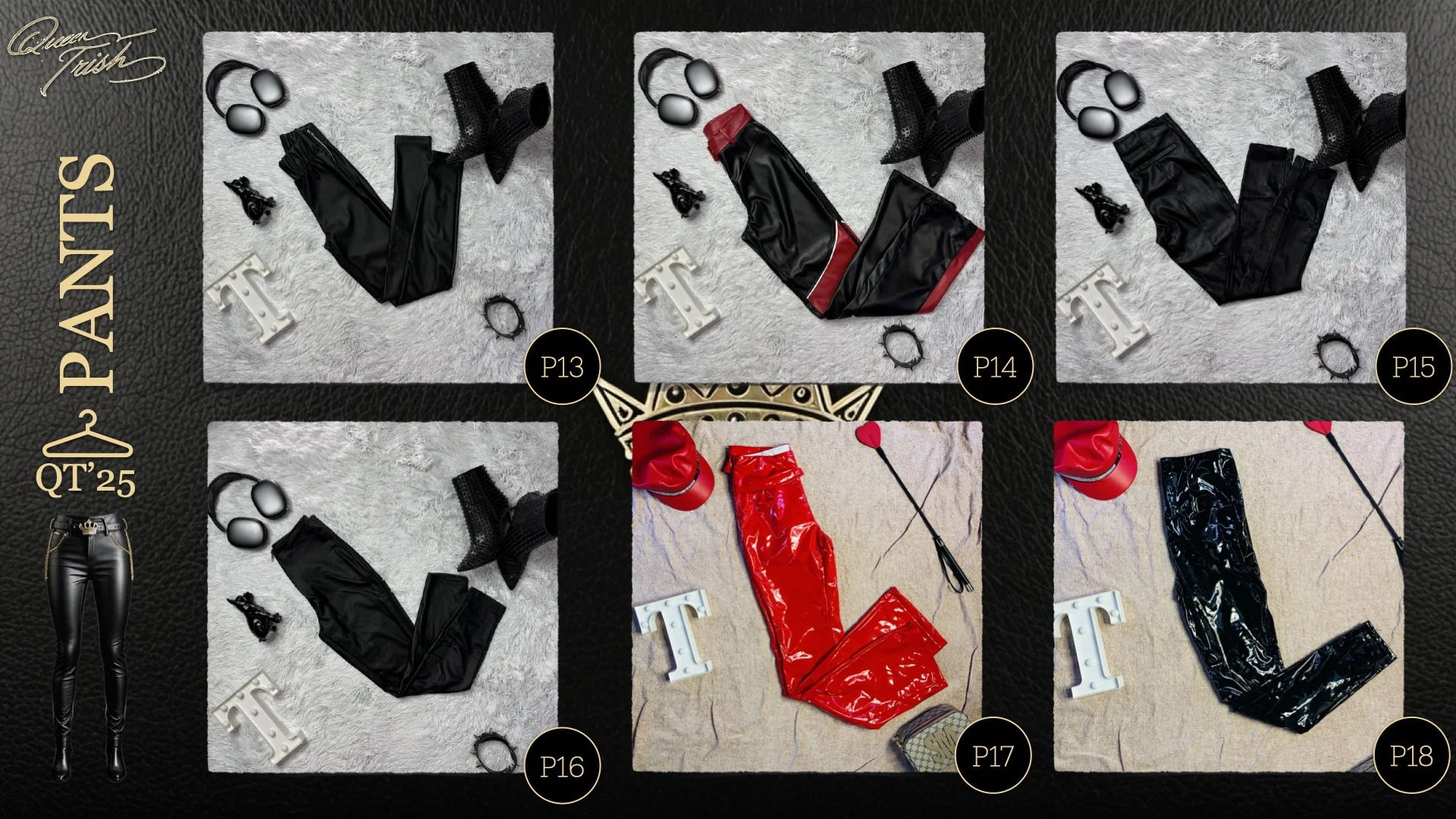 Collection of five pairs of black and red shiny vinyl pants, each with a cap, paddle, and letter 'T' props, laid out on different textured backgrounds.