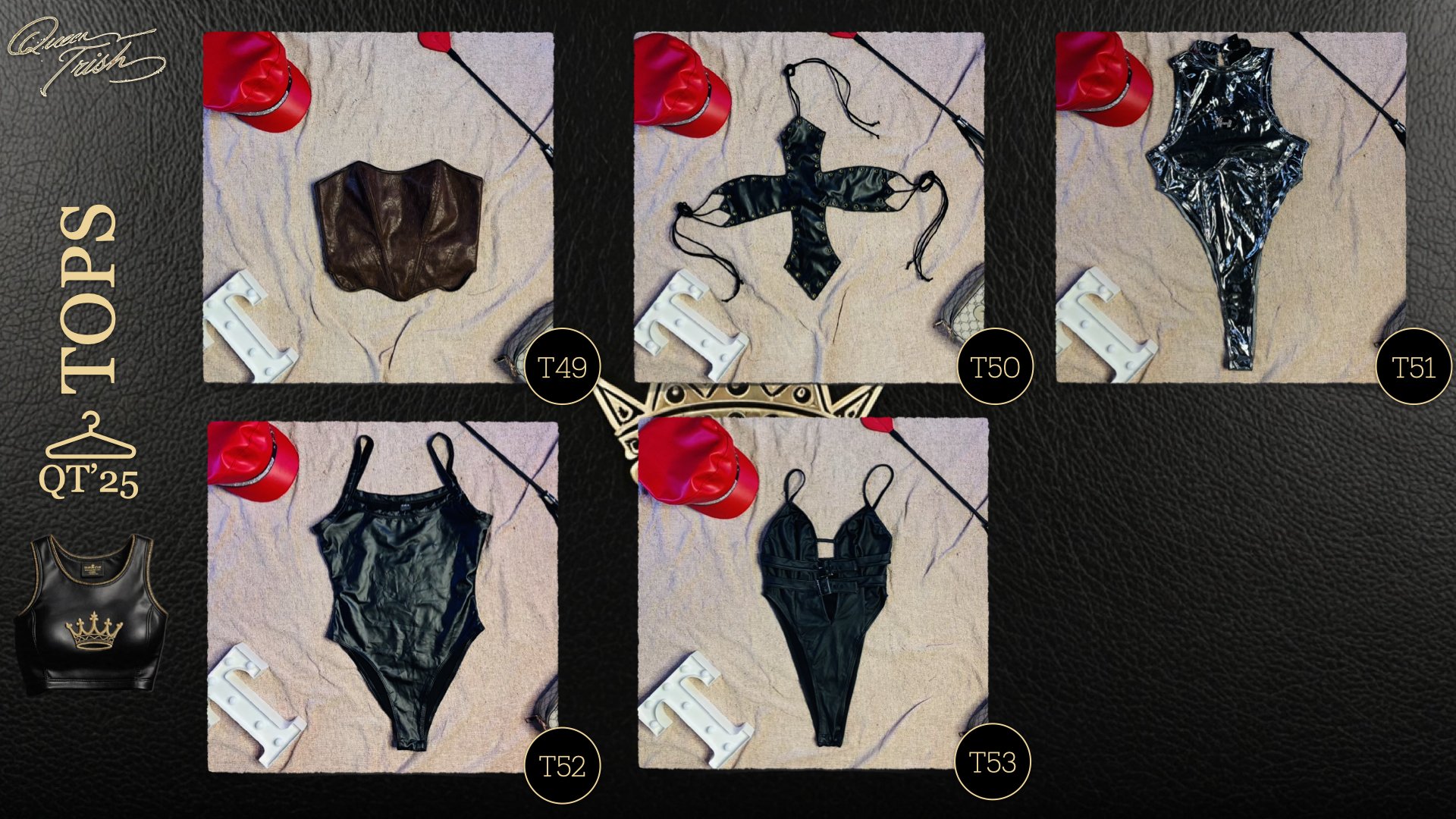 Display of five shiny black leather or latex outfits on a beige background, each with a small black circular label with a code, and included accessories like a red hat and jewelry. The items are arranged in a grid with three on top and two on the bot