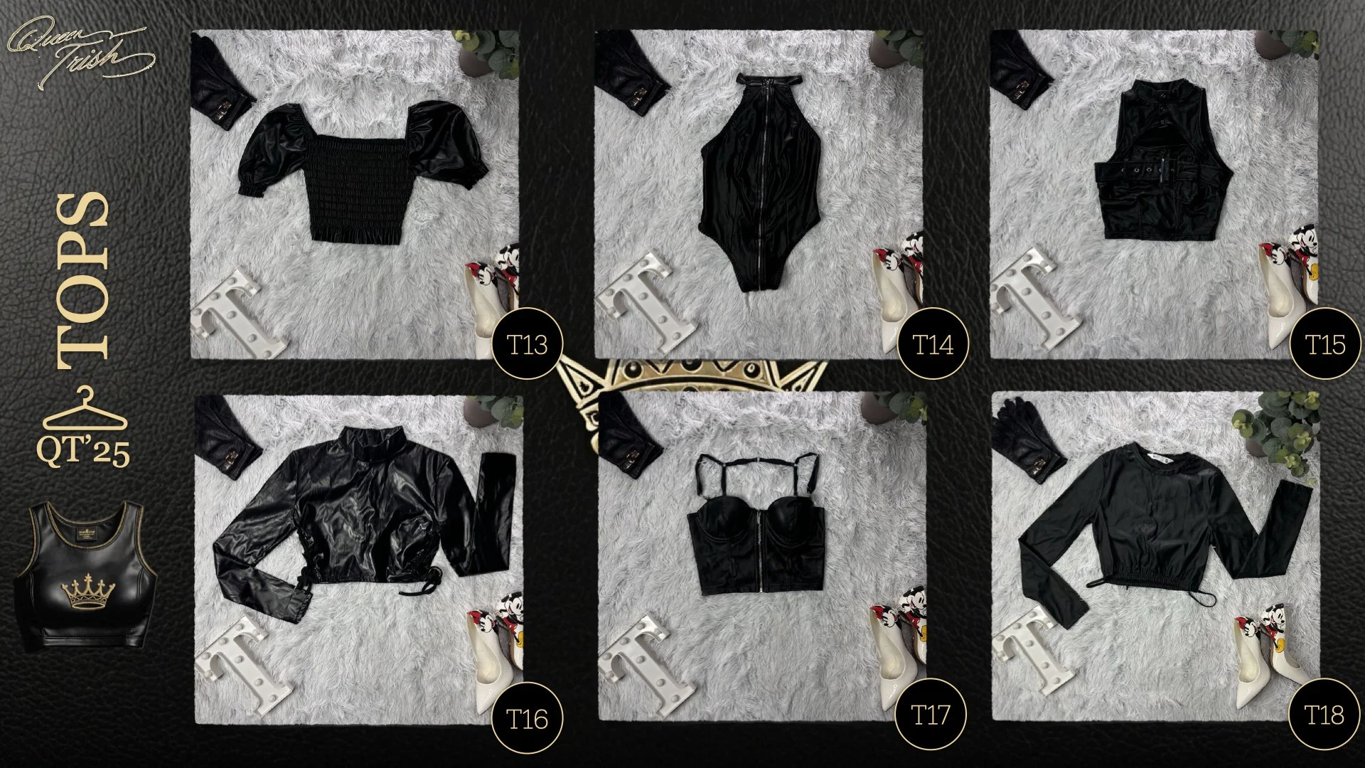 Fashion clothing flat lay on a fluffy white rug with six black outfits and accessories, including tops, a jacket, a dress, a crop top, and gloves, numbered from T13 to T18.