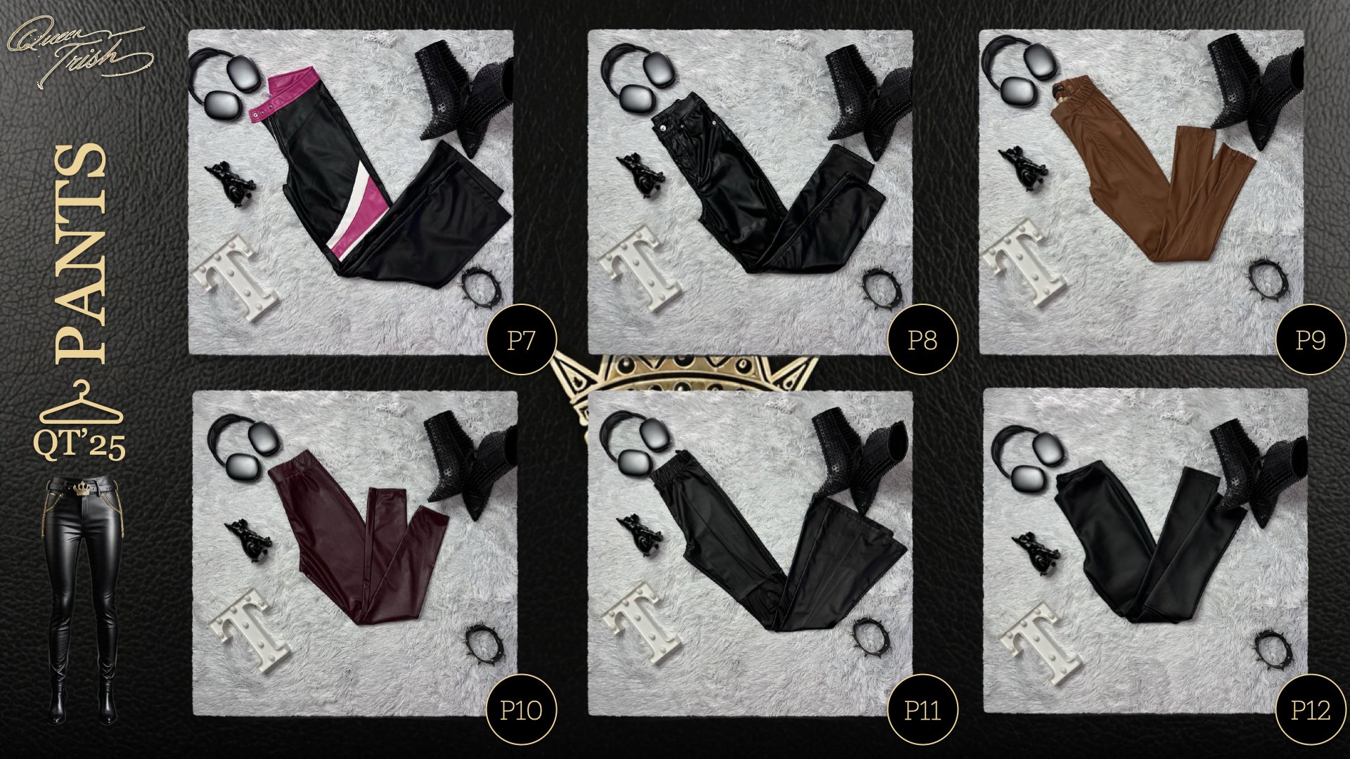 Six sets of women’s leather pants in different colors (pink, black, brown, burgundy, black with textured pattern, matte black) arranged on gray furry rugs, each with a pair of black earrings, gray and black headphones, a small perfume bottle, and whi