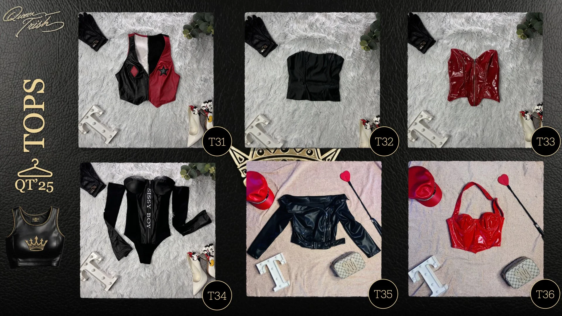Six outfits are laid out on a plush surface, each with accessories around them. Top row left: a black and red top with star design, black gloves, and white socks with cartoon characters. Top row middle: a plain black strapless top, black gloves, and 
