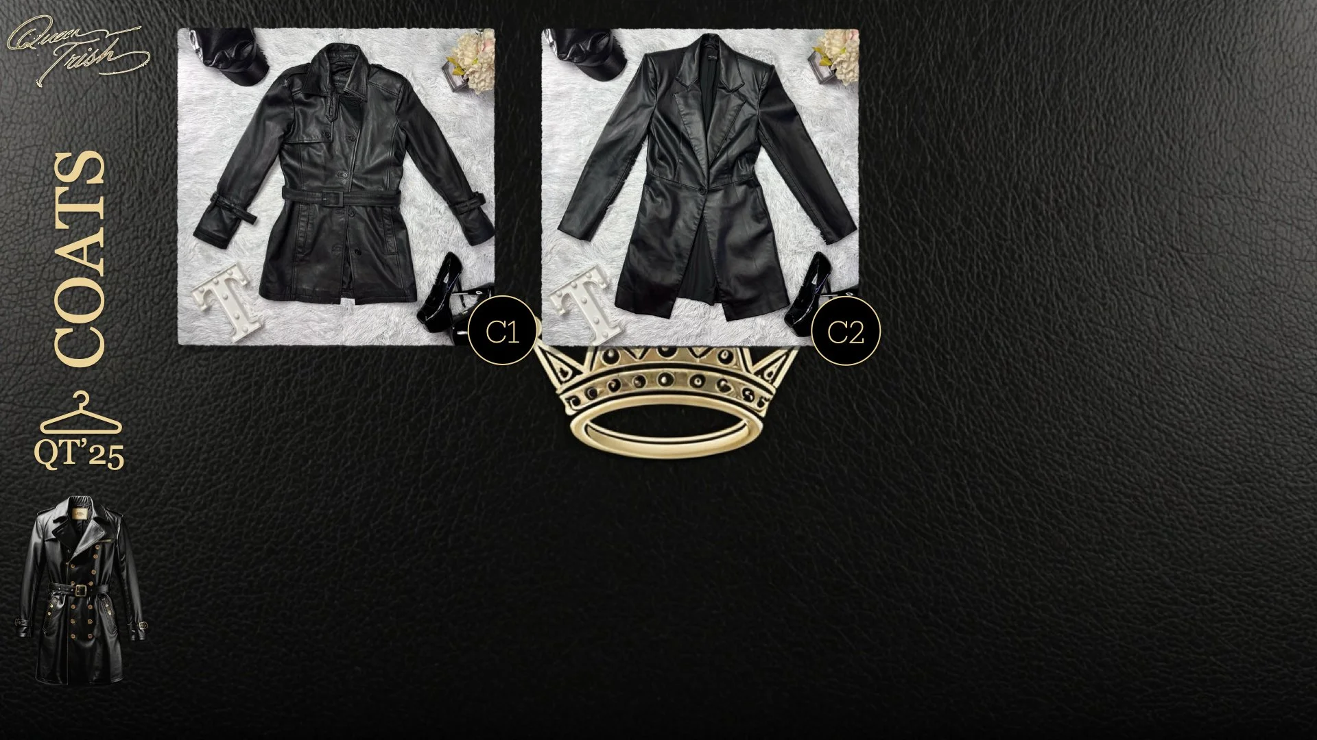 Two black leather coats displayed on gray background, with shoes and decorative letters nearby, and a gold crown graphic beneath them, representing a countdown or voting process.