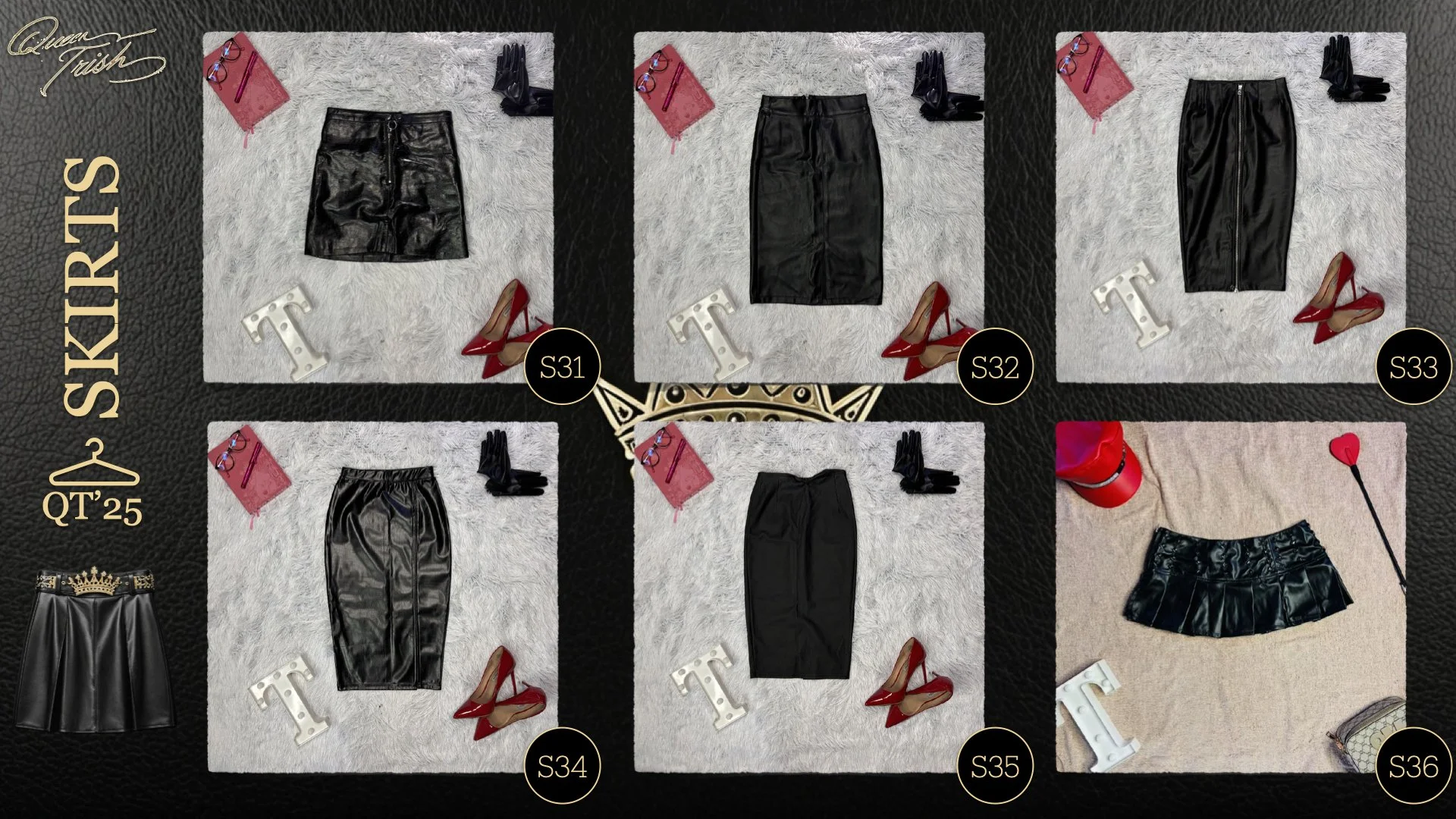 Six different black skirts arranged on white and beige rugs, each paired with red high heels, sunglasses, a pink notebook, and gloves. The skirts feature various styles including leather, zip-up, and elastic waist. Each outfit is labeled with a code 