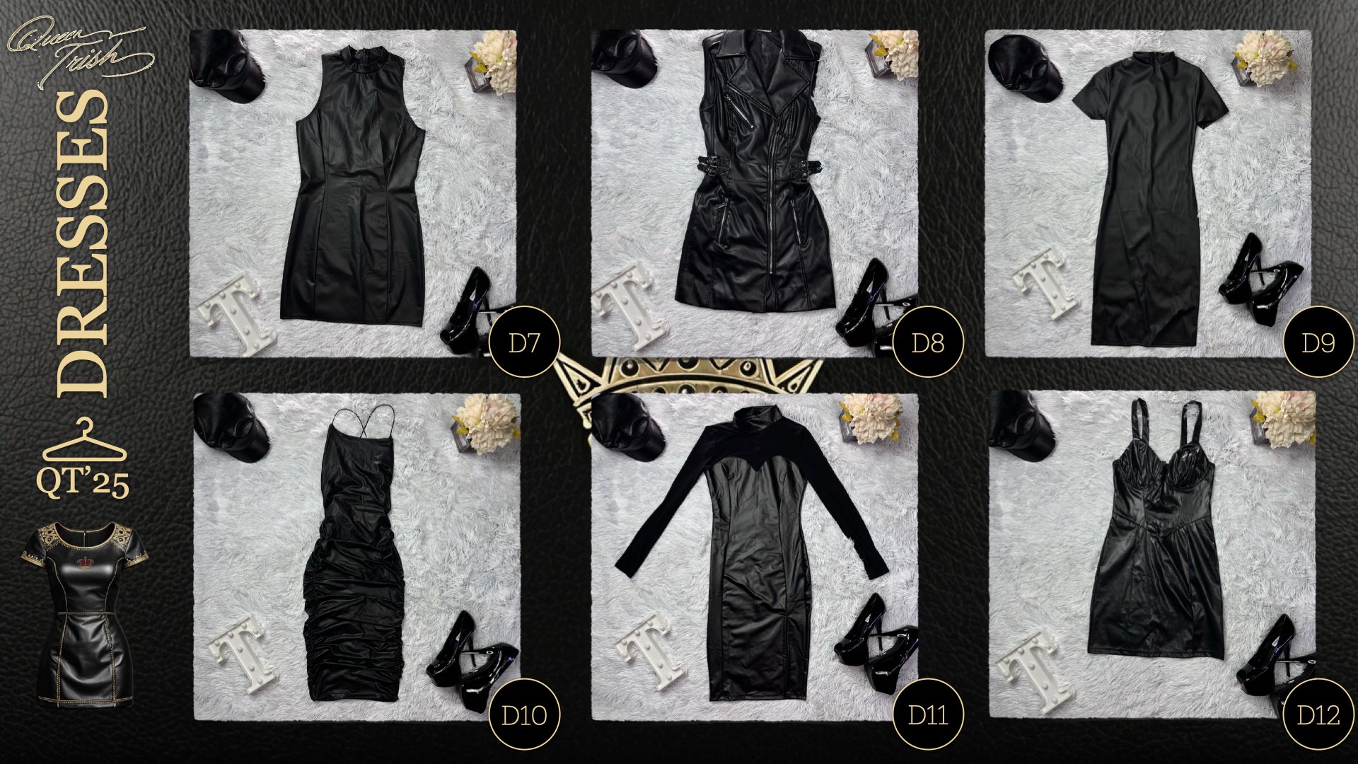 A collage of six black dresses, each with accessories like shoes, hats, and jewelry, labeled D7 to D12, displayed on a plush white surface with floral arrangements and decorative letters.