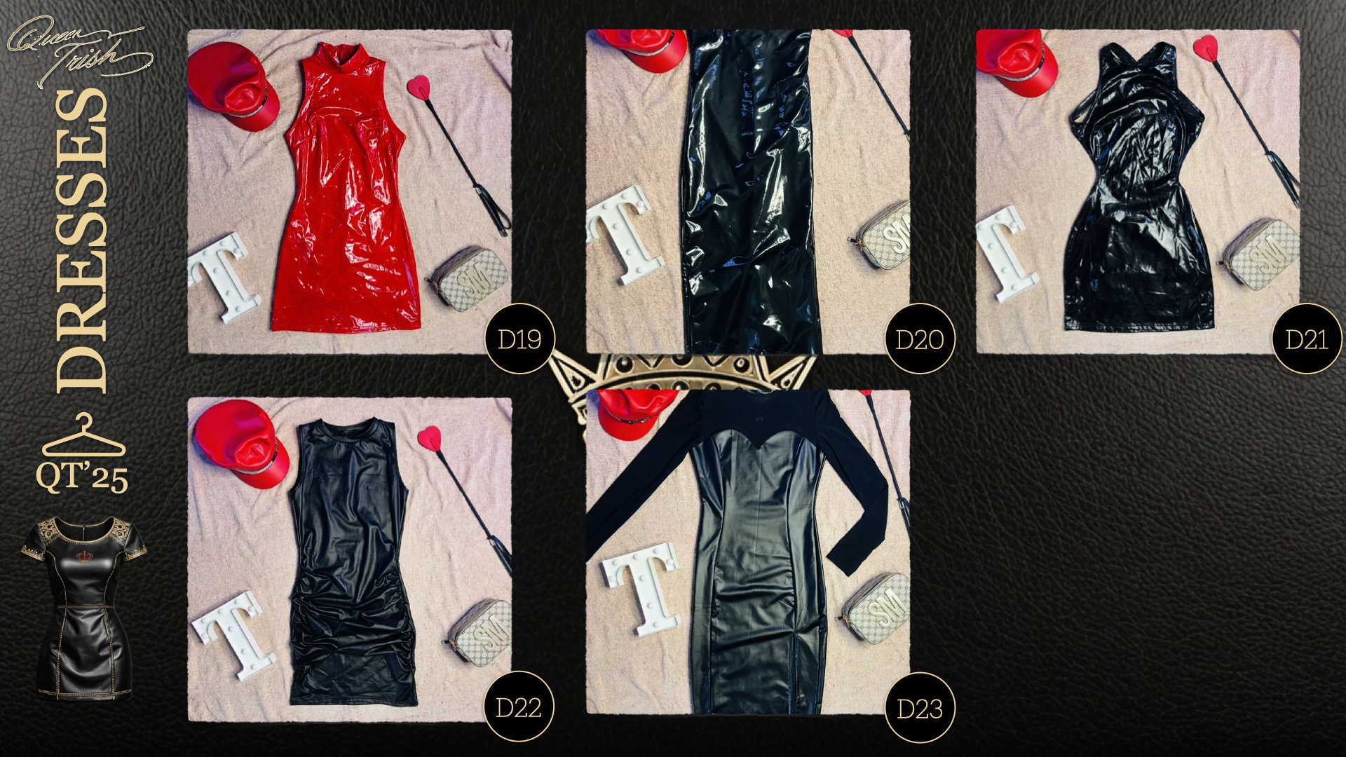 Five different black and red latex dresses displayed on a flat surface, each with a matching hat, and a white letter T. The dresses are numbered D19, D20, D21, D22, and D23. Additional accessories include a small purse and a red heart-shaped pole. Th