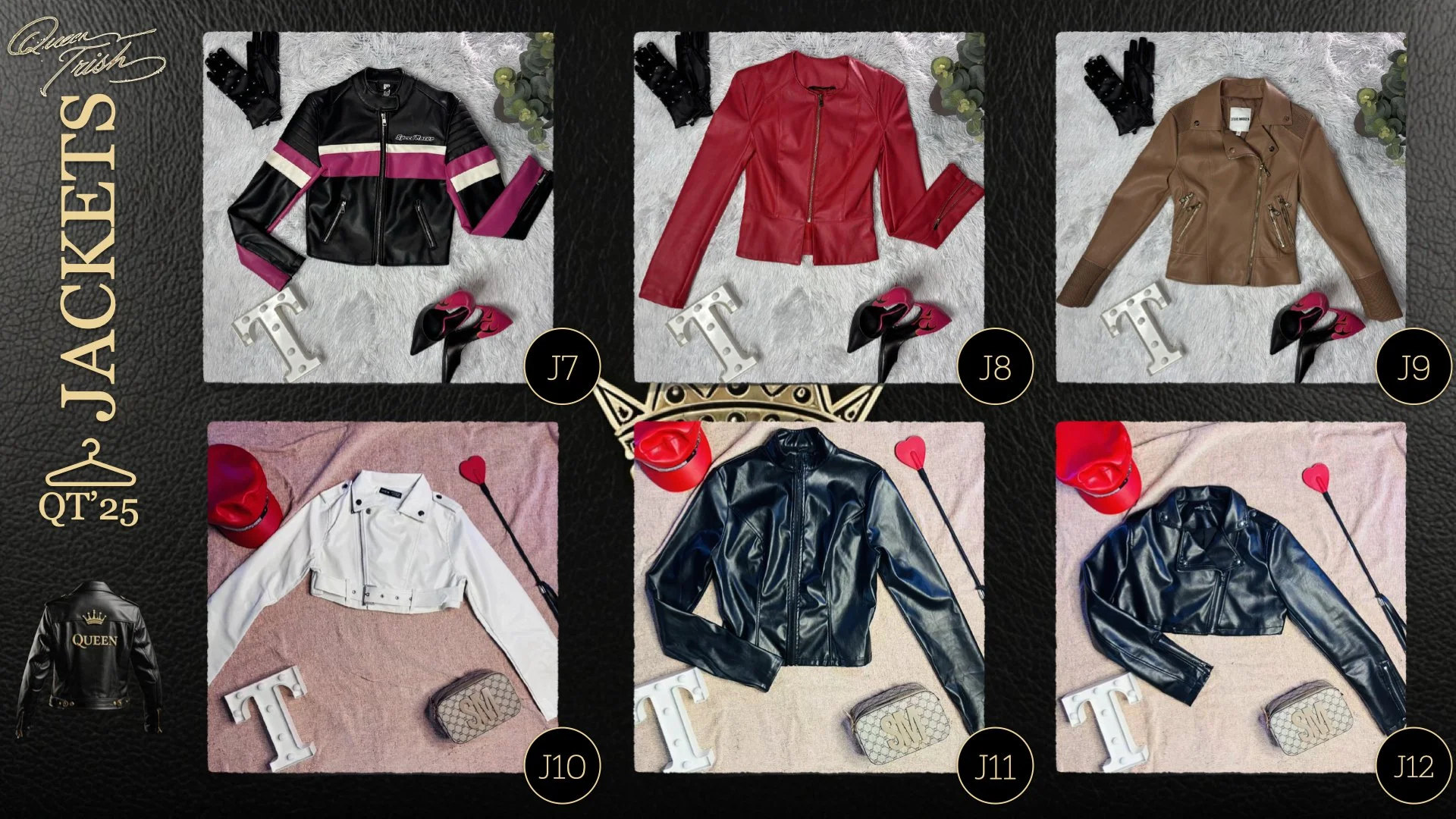 Six different leather jackets displayed on separate backgrounds, each accompanied by a red hat, a small purse, a large white letter T, and a black glove. The jackets are arranged in a 2x3 grid with labels J7 to J12, and decorative text indicating 'Qu