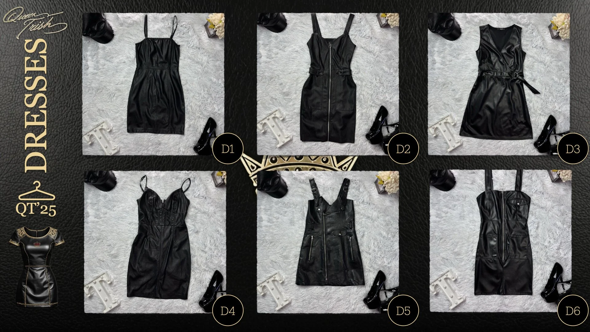 Six black leather dresses laid out on a light gray fur surface, each with corresponding shoes nearby, labeled from D1 to D6, with decorative flowers and letters around.