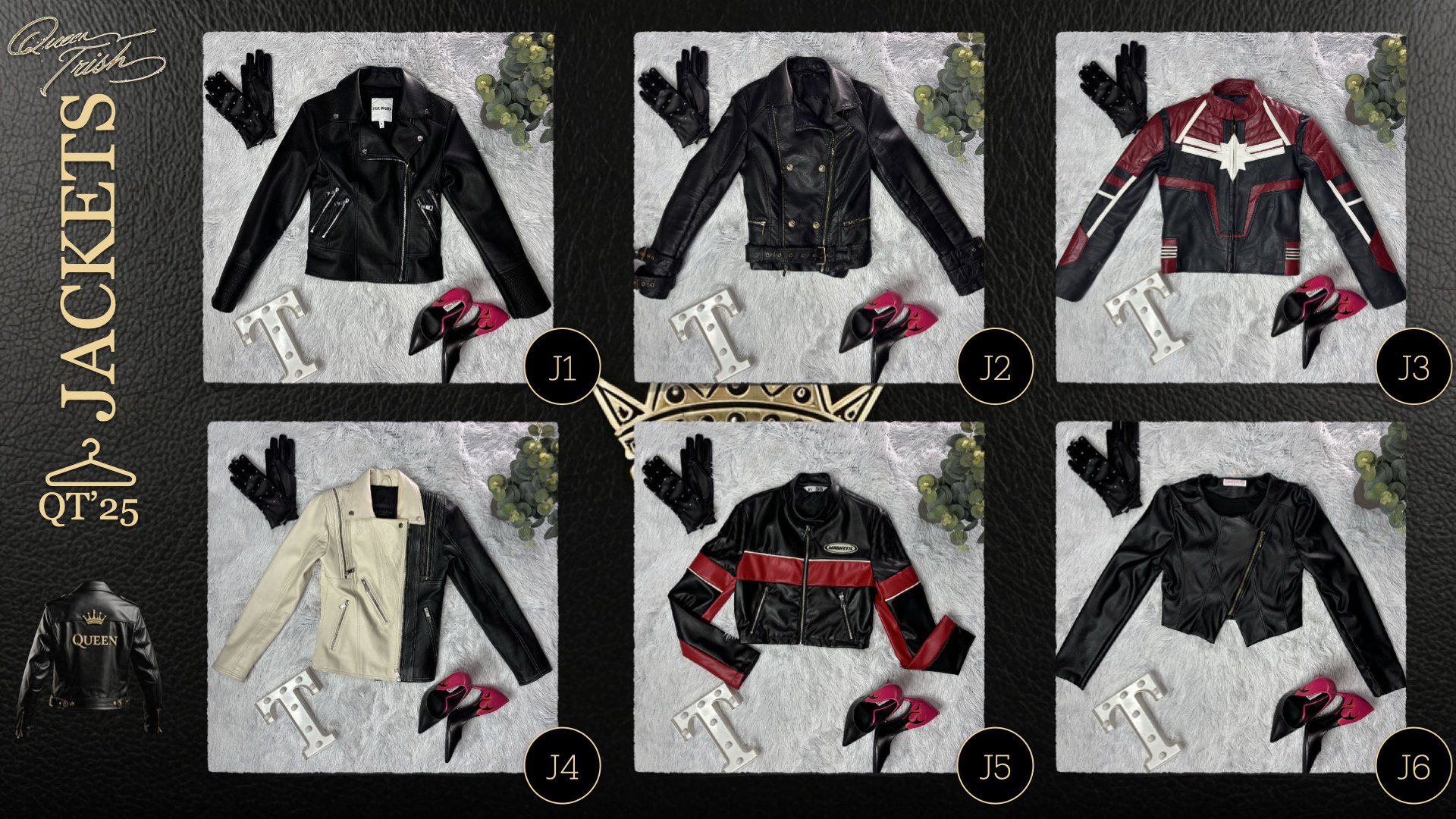 Six leather jackets displayed on a white surface, each paired with black gloves, colorful high heel shoes, and decorative letters. The jackets vary in style and color, with some featuring red accents or logos. A black textured background surrounds th