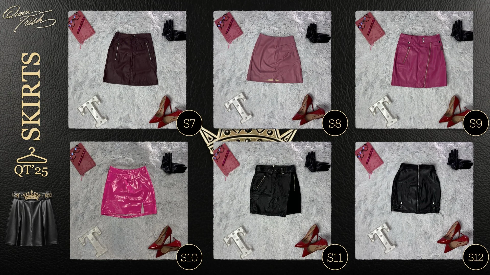 Six different skirts laid out on a gray rug with various accessories around each. Top row: burgundy mini skirt with zippers, dusty pink skirt with front panel, hot pink A-line skirt with zippers. Bottom row: hot pink leather skirt, black leather mini
