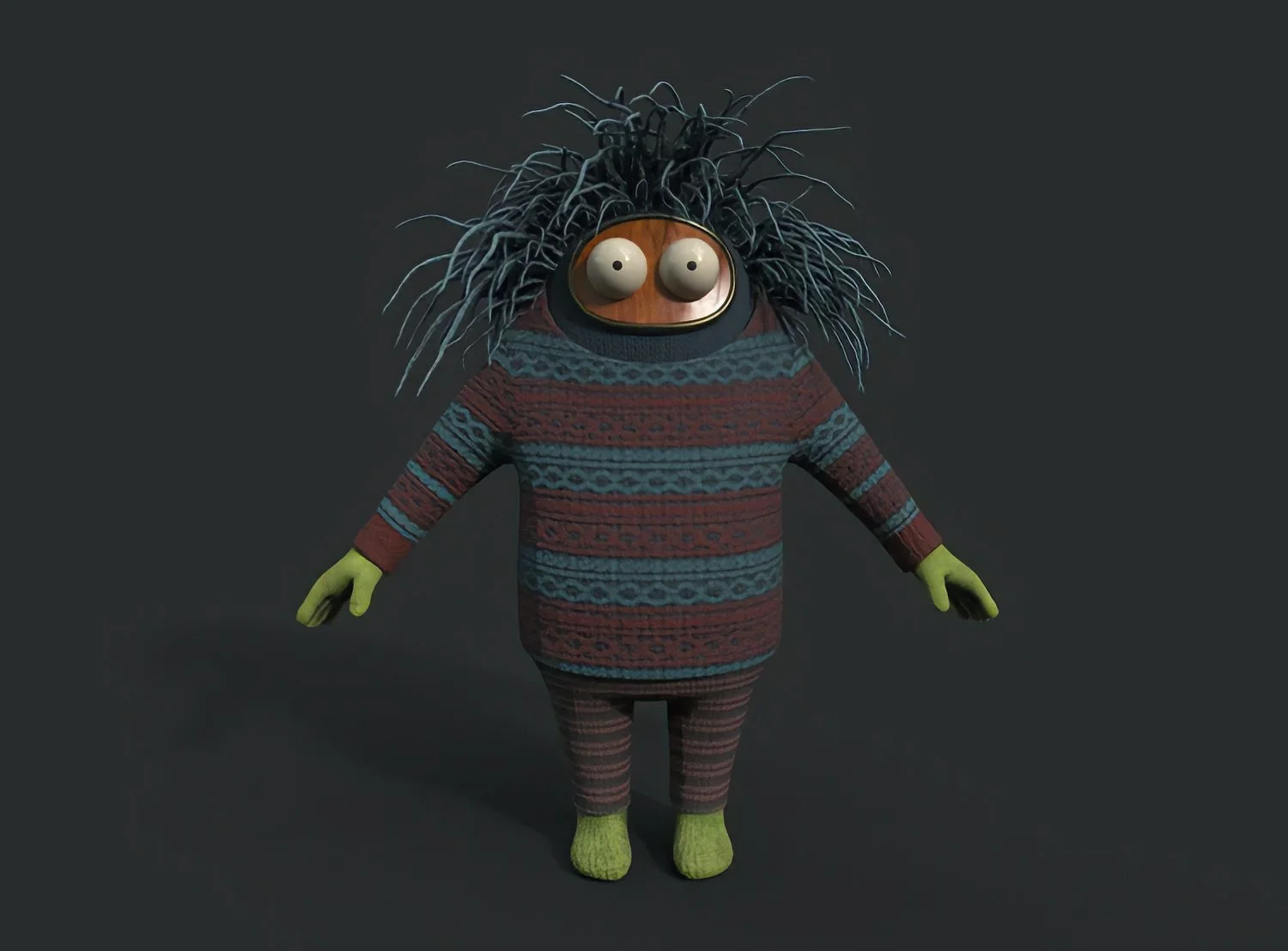 Textured CGI character with yarn-like hair, large eyes and a patterned knitted outfit.