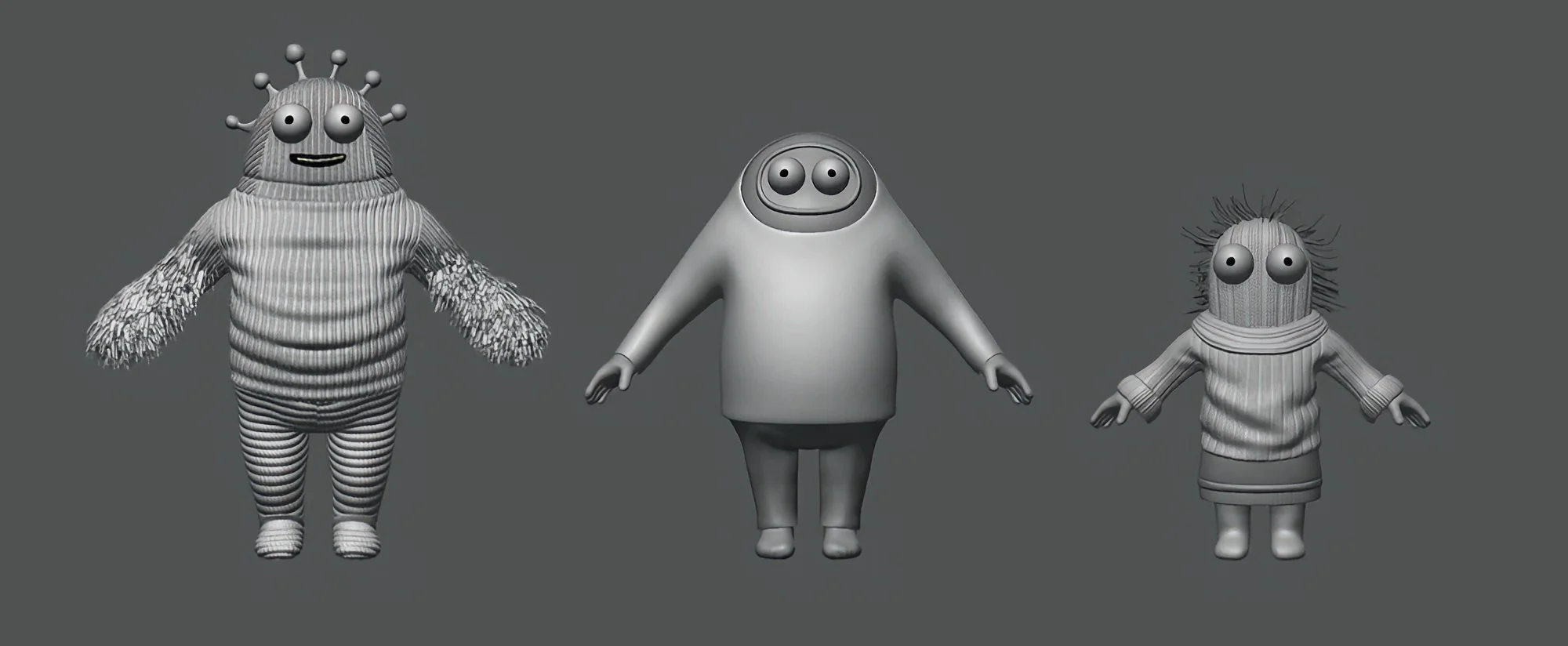 Untextured 3D models of three woolly family characters, showing their different shapes and sizes.