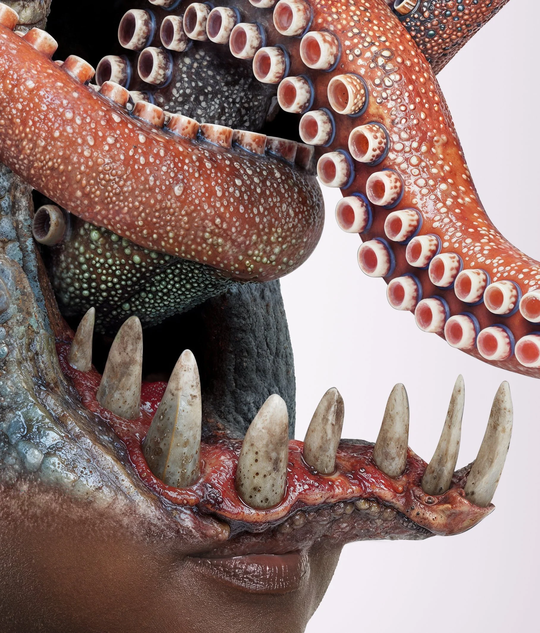 A person with the face of a peacock mantled with a colorful octopus.