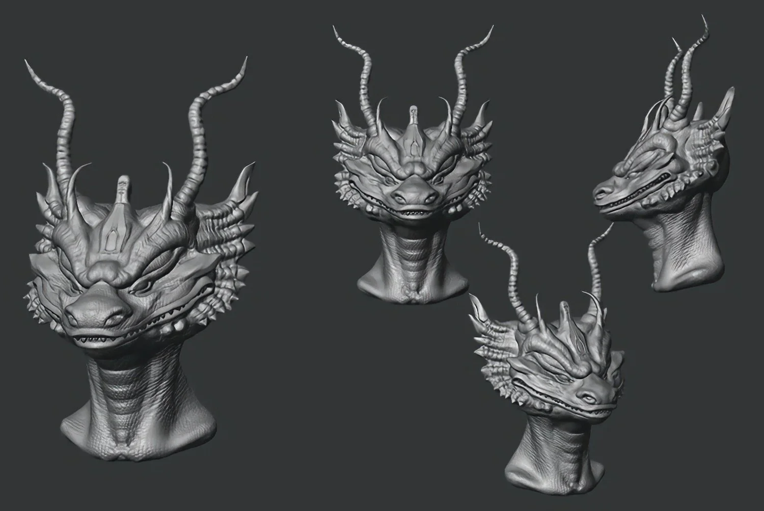 Four views of a second dragon character head, with long curved horns and detailed facial scales.