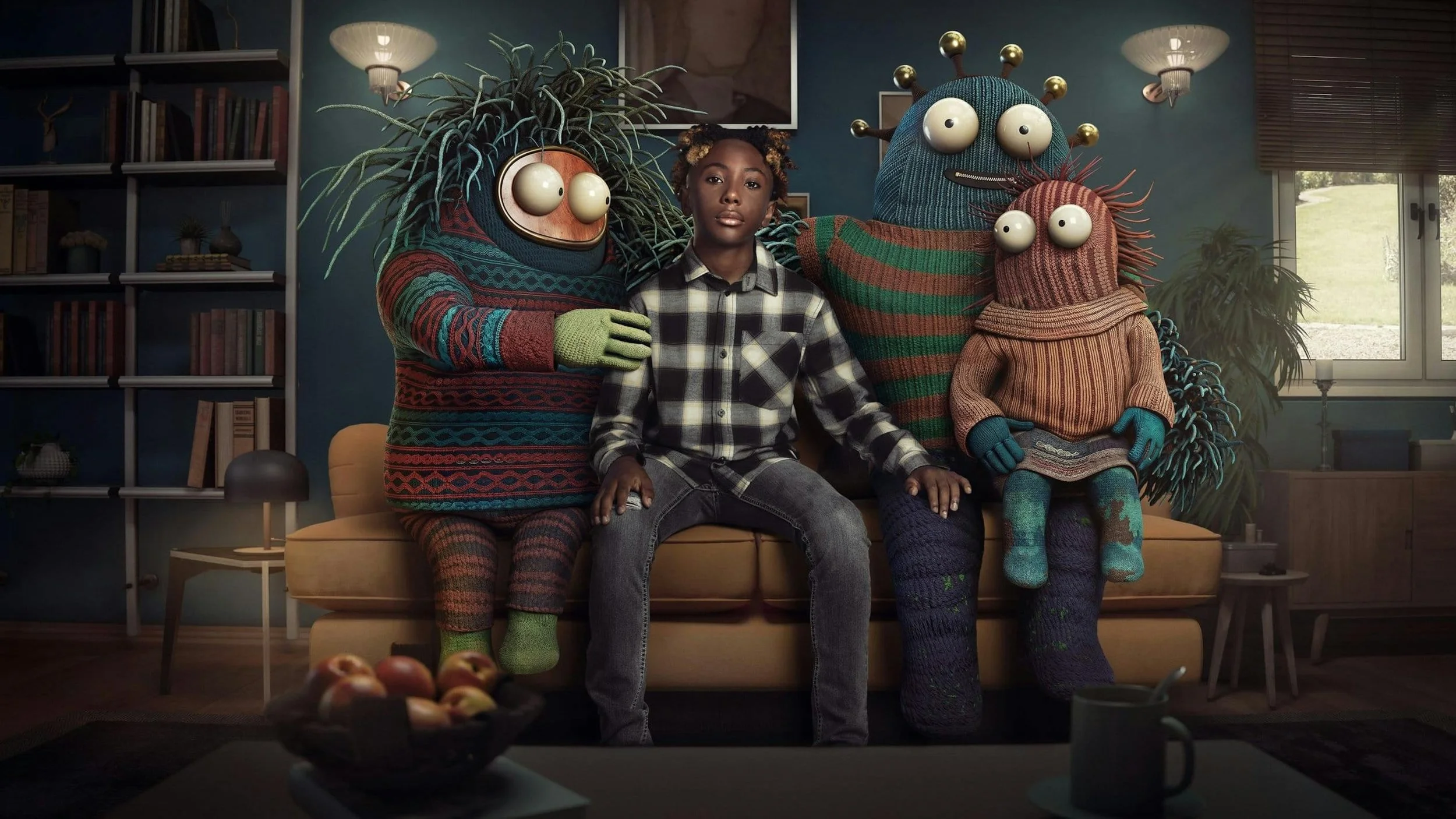 A young person sitting on a yellow couch flanked by four large, whimsical, monster-like characters with knitted bodies, googly eyes, and creative hairstyles, in a cozy living room with bookshelves, lamps, and a window.