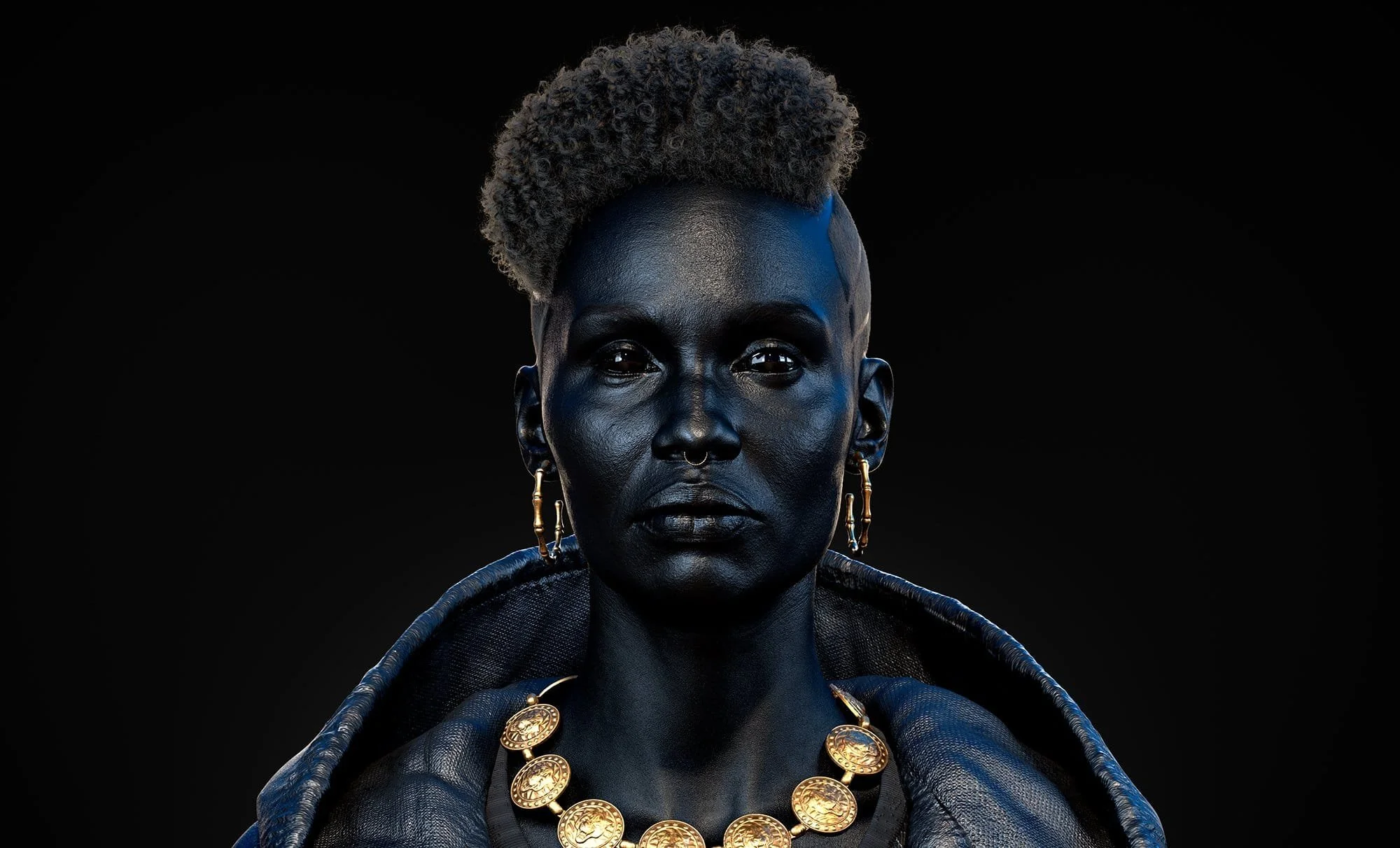 A person with dark skin and short, curly hair styled into an afro, wearing gold jewelry including large hoop earrings and a chain with coins, wrapped in a dark jacket against a black background.