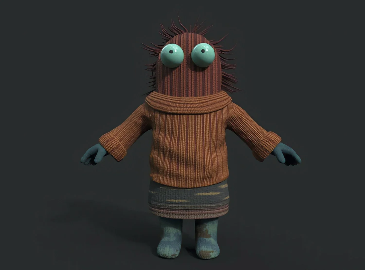 Small textured CGI character with turquoise eyes and hands, a rust-coloured jumper and a patterned skirt.