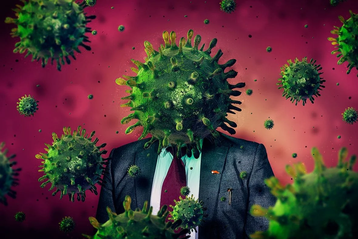 A surreal illustration of a person in a suit with an oversized virus cell for a head, surrounded by floating virus particles against a pink background.