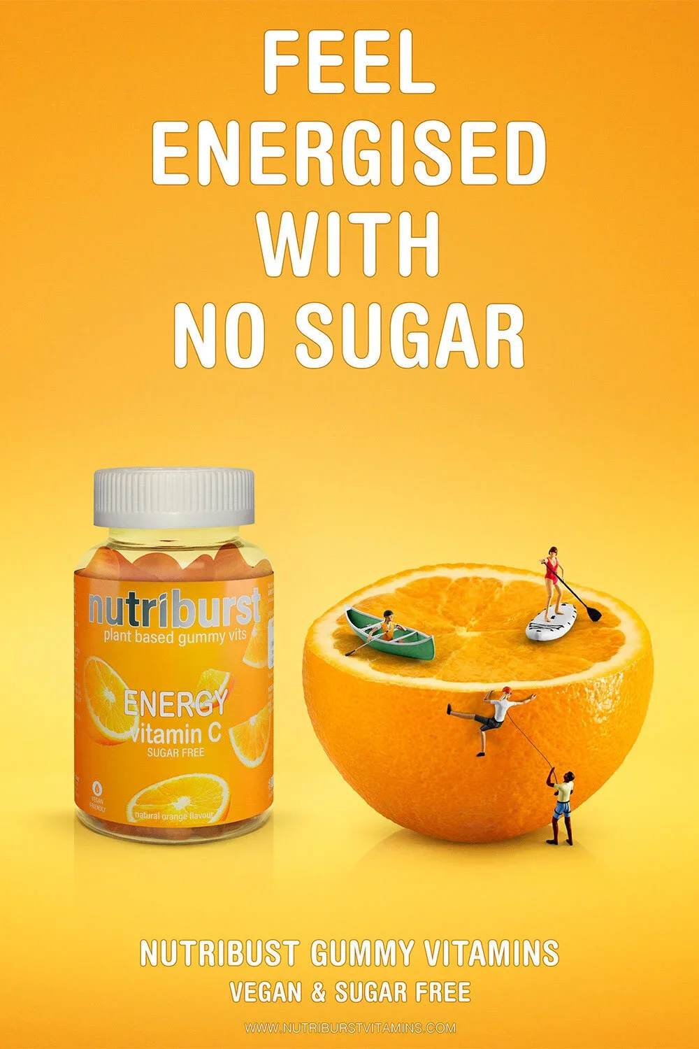 A bright orange background advertising Nutriburst Gummy Vitamins, which are vegan and sugar free, with the slogan 'Feel Energised with No Sugar'. The image features a large orange half with tiny miniature people engaging in activities on its surface,