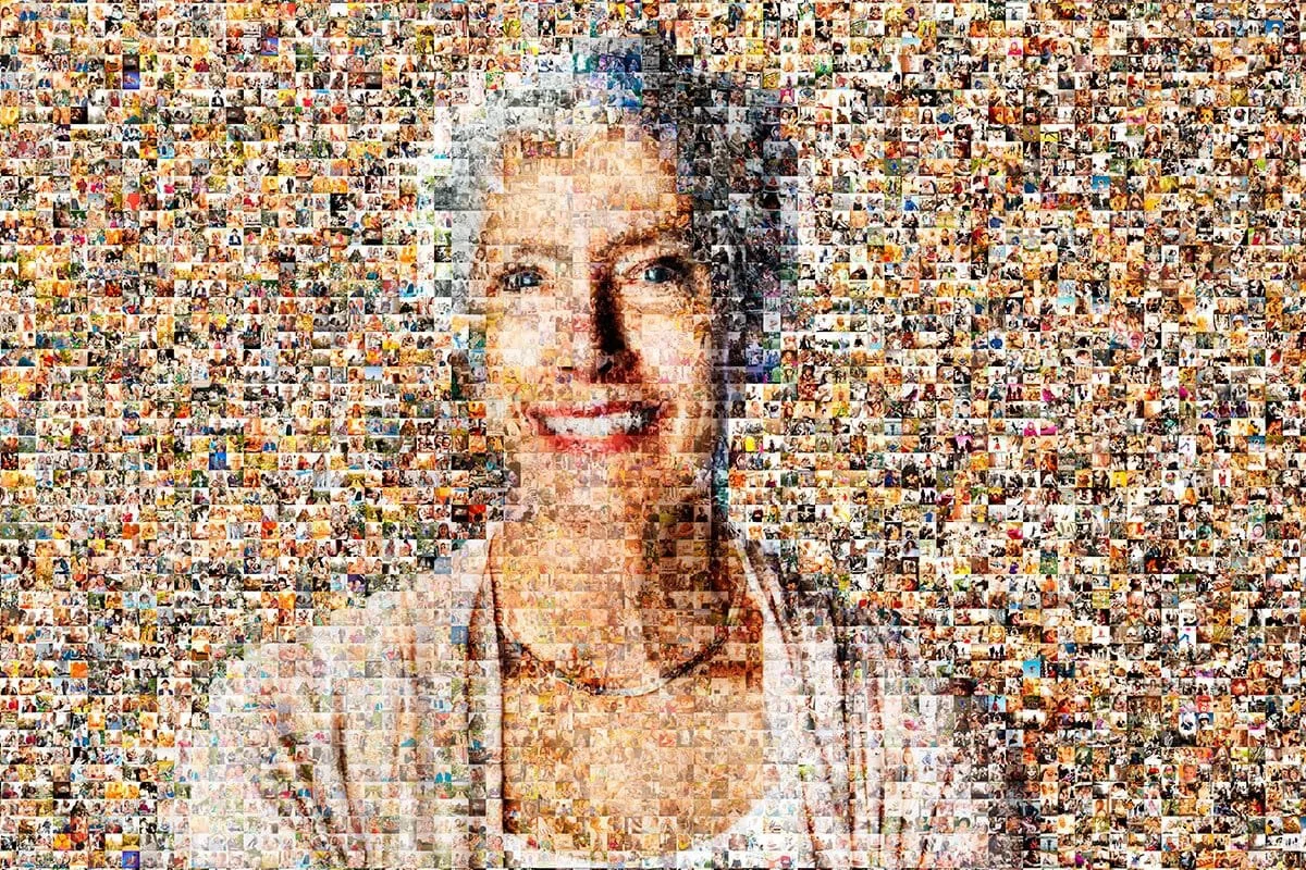 A collage of many small photos forming a mosaic portrait of a smiling woman with blue eyes and gray hair.