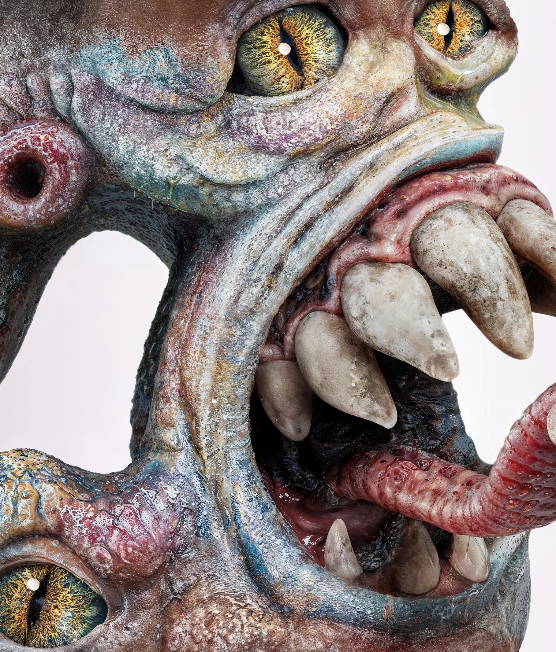 A detailed, artistic sculpture of a grotesque creature's face with vibrant colors, multiple eyes, large teeth, and an elongated tongue.
