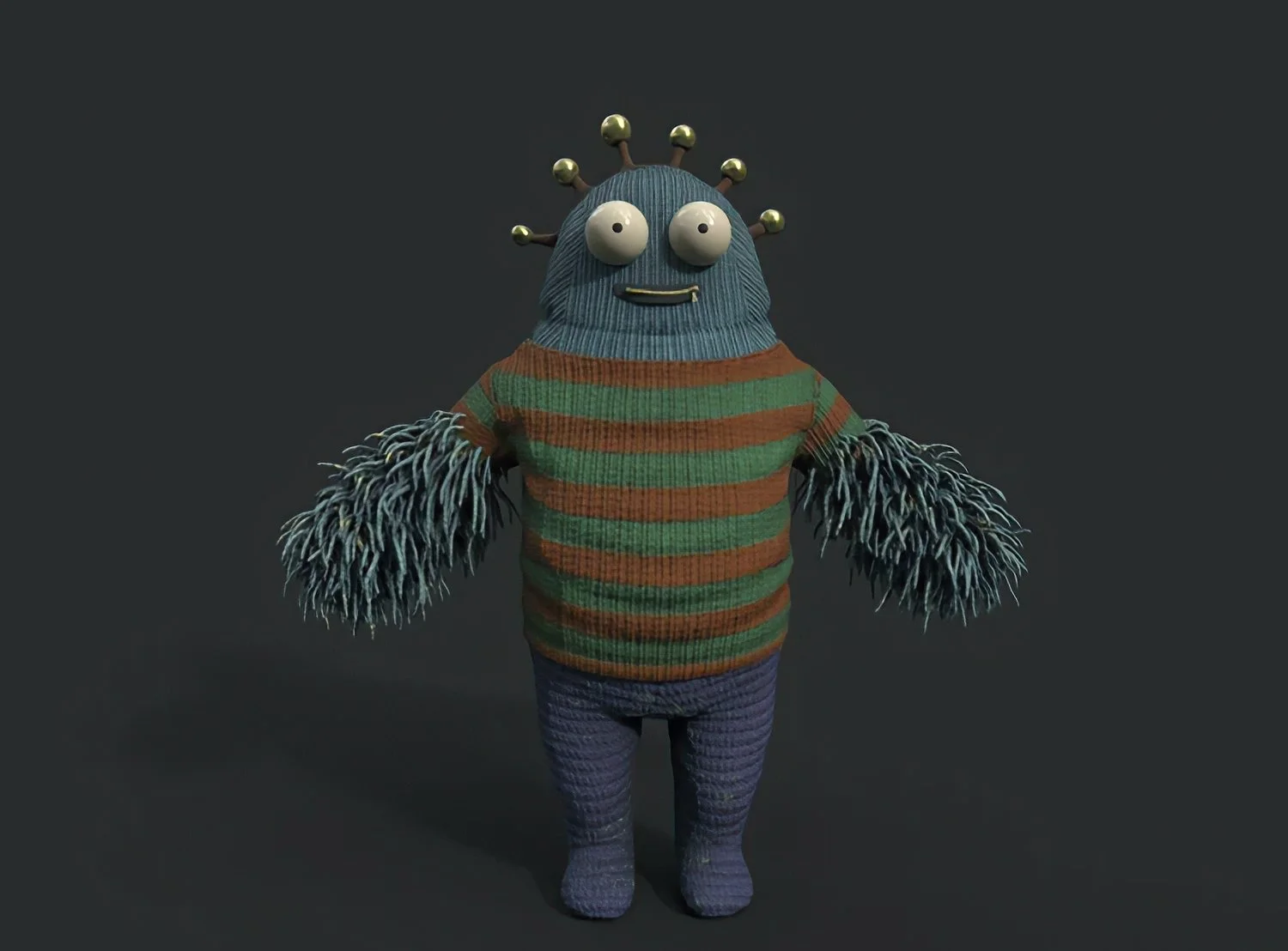 Textured blue CGI character with woolly arms, a striped body and gold-tipped head stalks.
