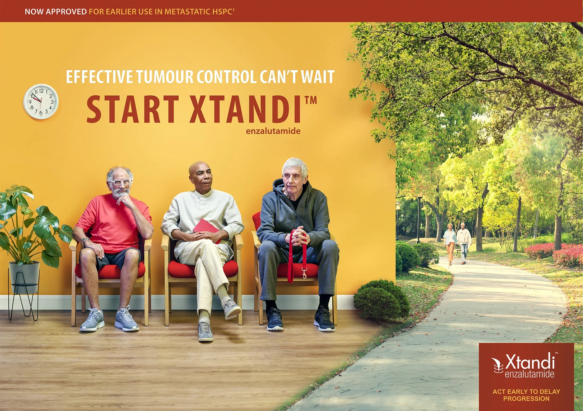 Advertisement for Xtandi enzalutamide featuring three elderly men sitting in chairs against a yellow wall, with a park scene outdoors. Text highlights effective tumor control and starting Xtandi early to delay progression.
