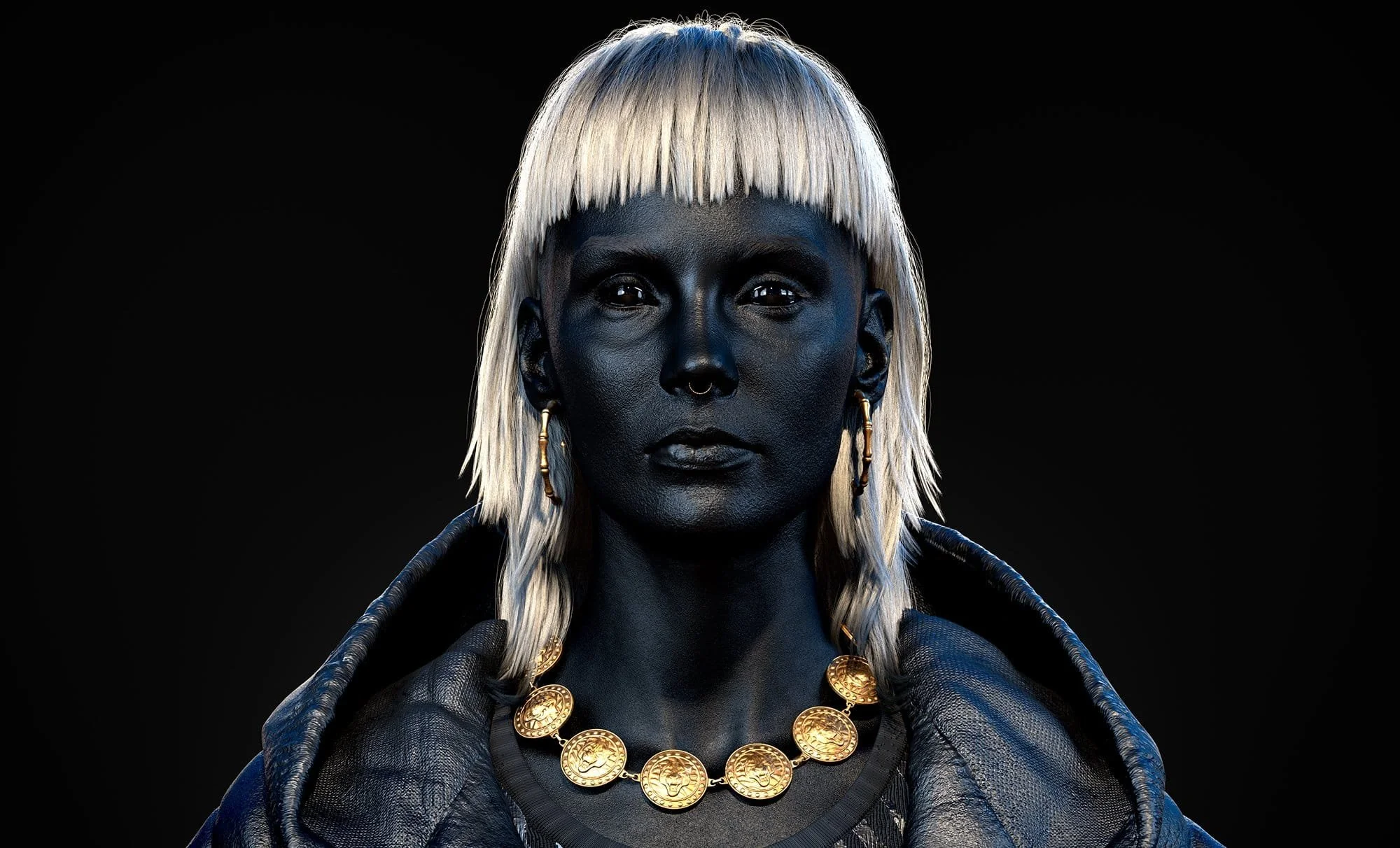 A woman with dark skin and platinum blonde hair, styled with blunt bangs, wearing a gold coin necklace, gold hoop earrings, and a dark textured jacket against a black background.