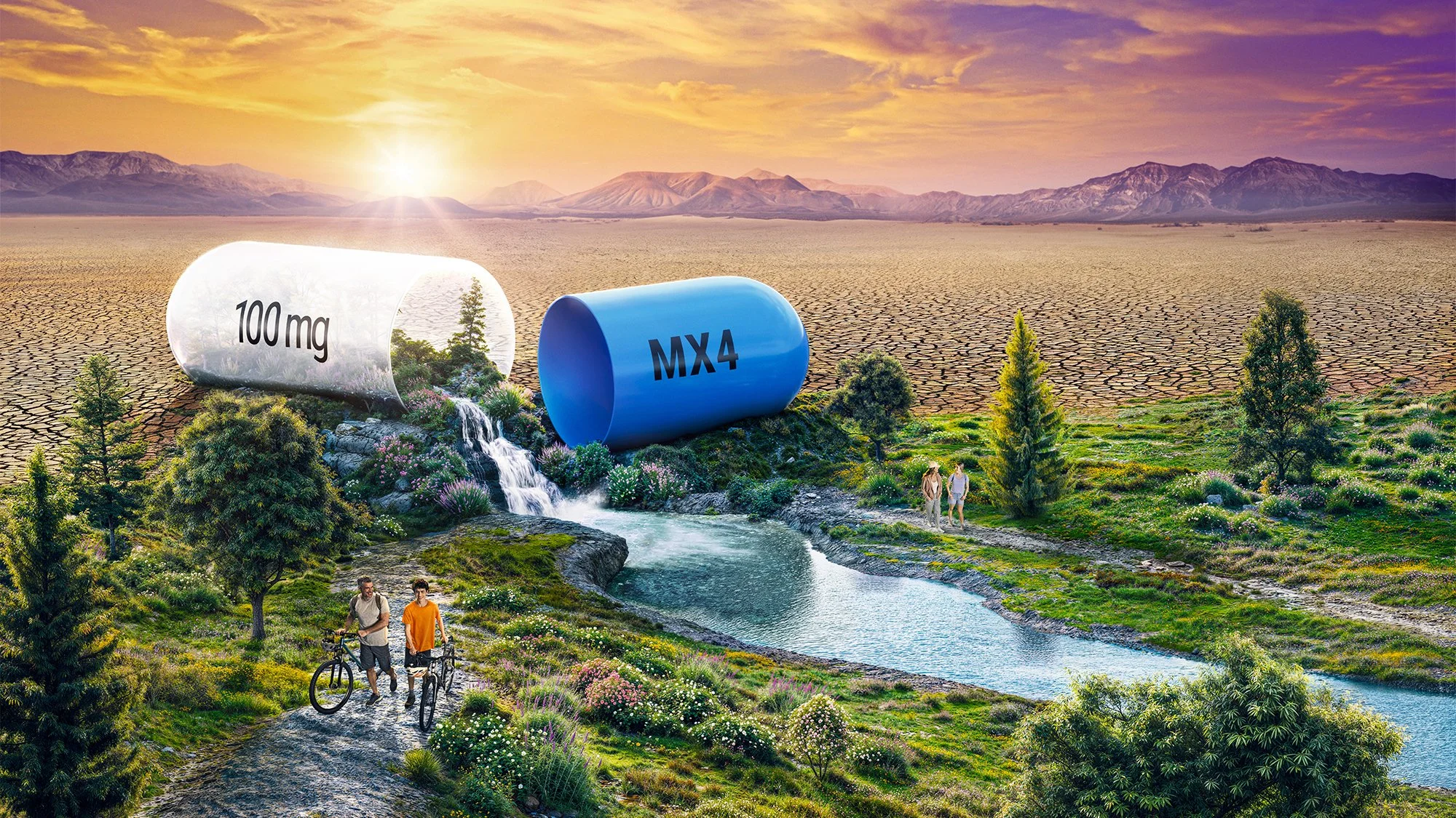 A surreal landscape featuring a dry cracked land with mountains in the background and a sunset sky. In the foreground, a vibrant green area with trees, flowers, a stream, and hikers. A large, transparent capsule labeled '100 mg' and a blue capsule la