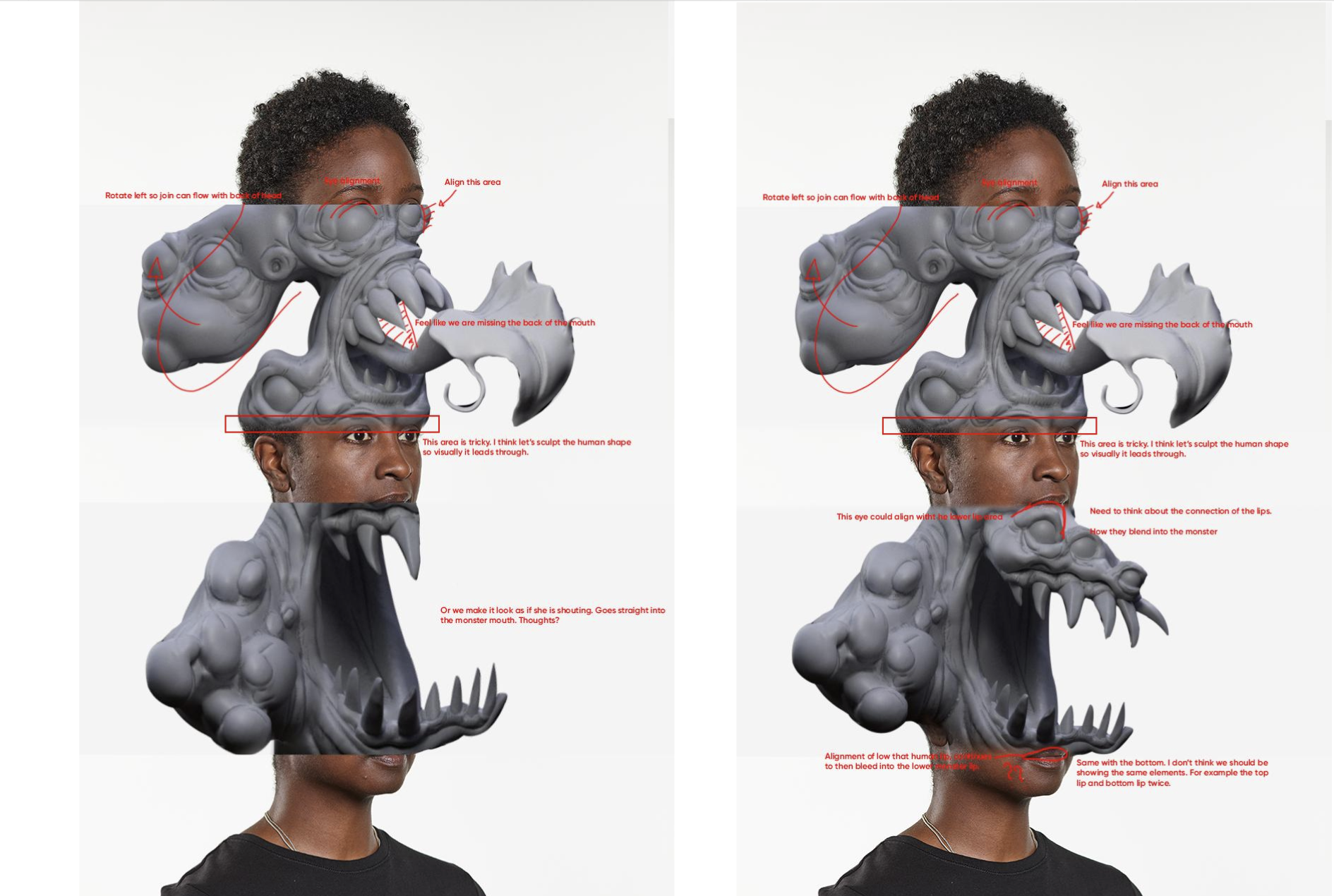 A person with a monster mask is shown, with the mask having features like a wide-open mouth with sharp teeth and a protruding tongue. The image contains red annotations pointing to different parts of the mask and face, discussing alignment, sculpting ideas, and visual effects. The person is wearing a black shirt and a silver necklace.