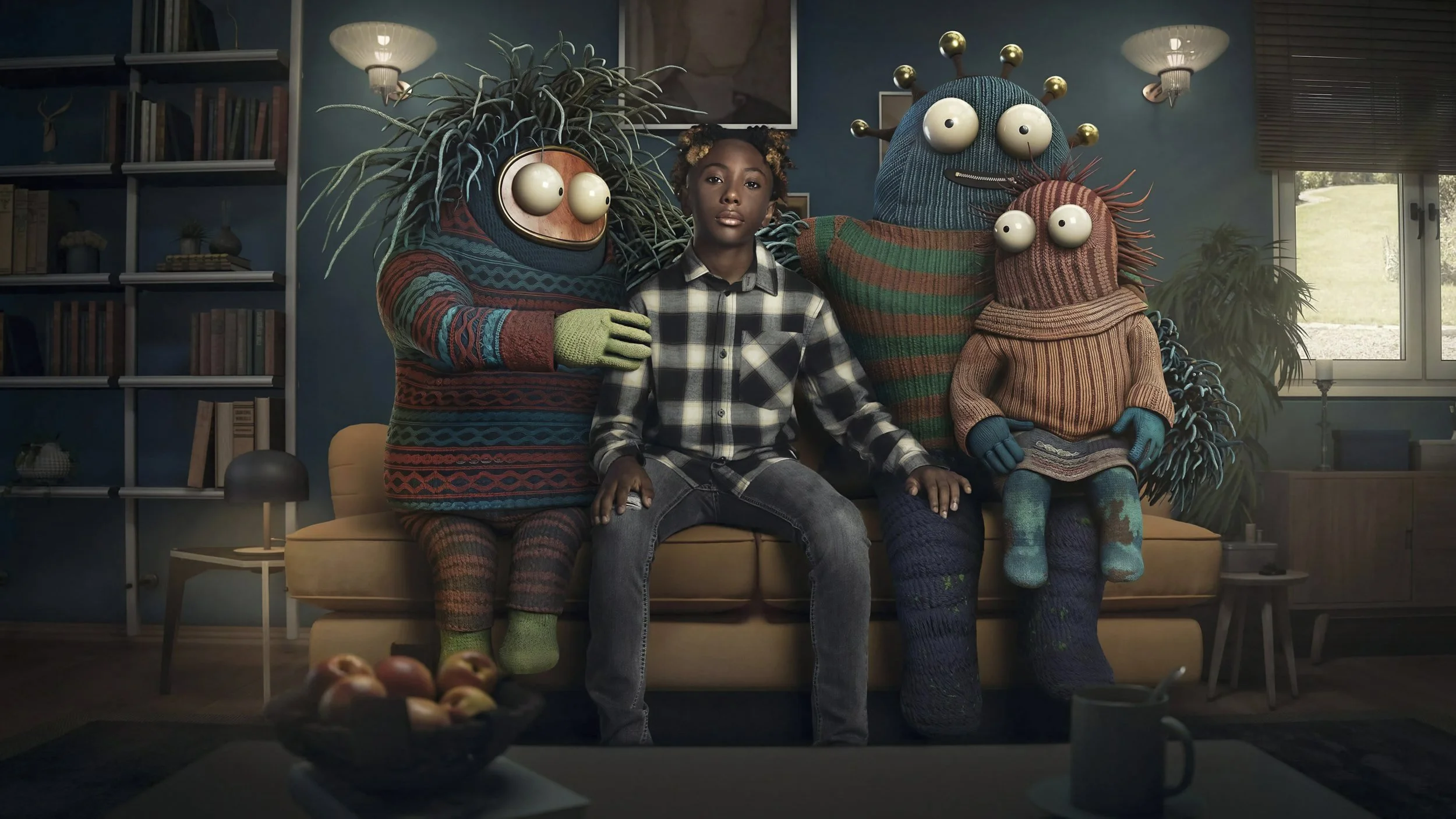 Person in a checked shirt seated with three woolly CGI creatures on a sofa, from Kai Bastard’s Not Fitting In.